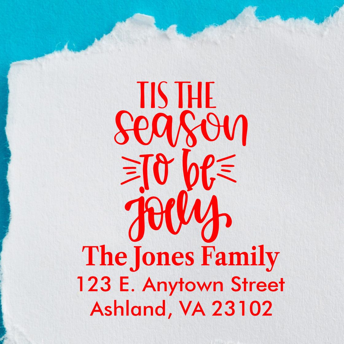 Personalized Christmas rubber stamp with Tis the season to be jolly and return address for holiday cards.