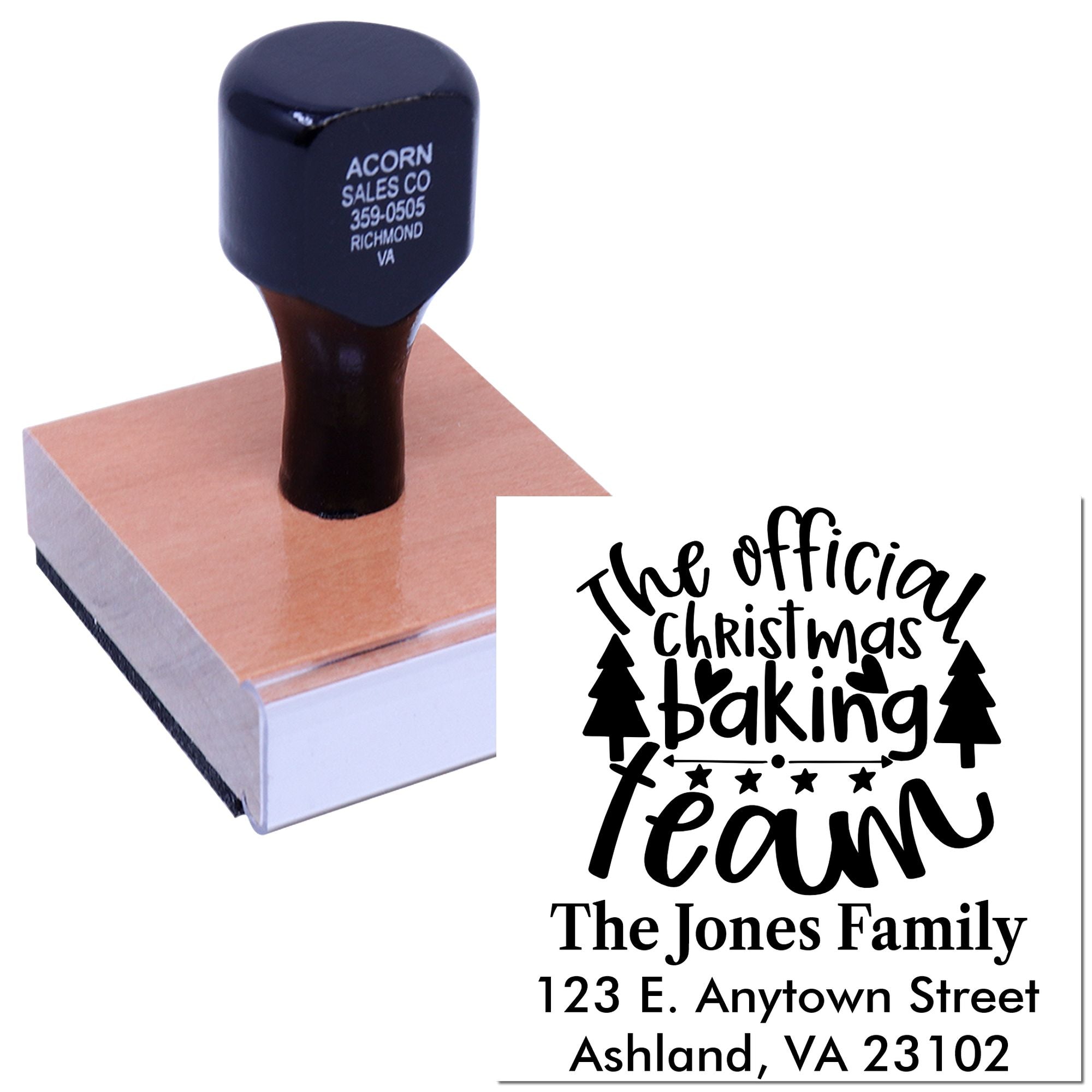 Personalized Christmas baking team rubber stamp with family name and address for holiday cards, gift tags, and kitchen use.