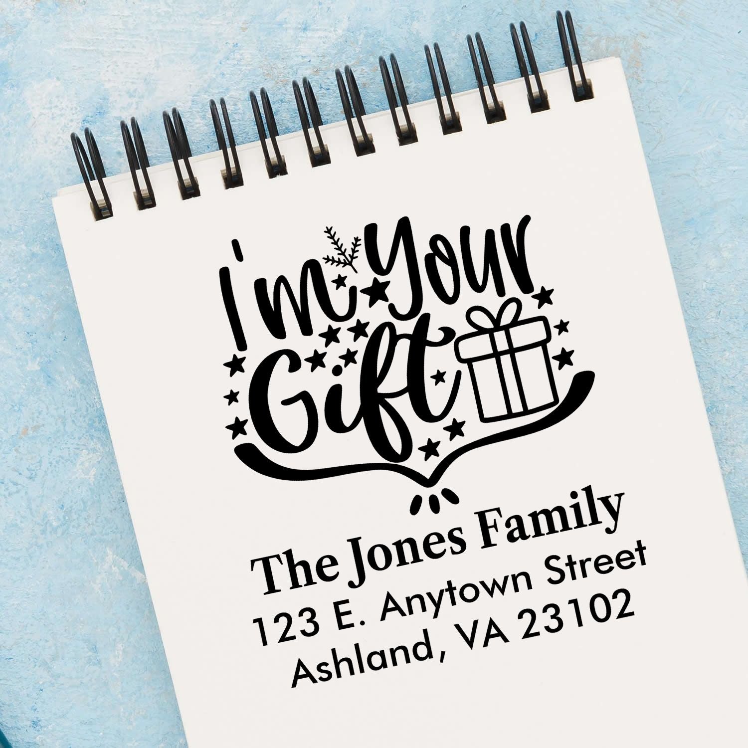 Custom family return address rubber stamp with Im Your Gift design and The Jones Family address.