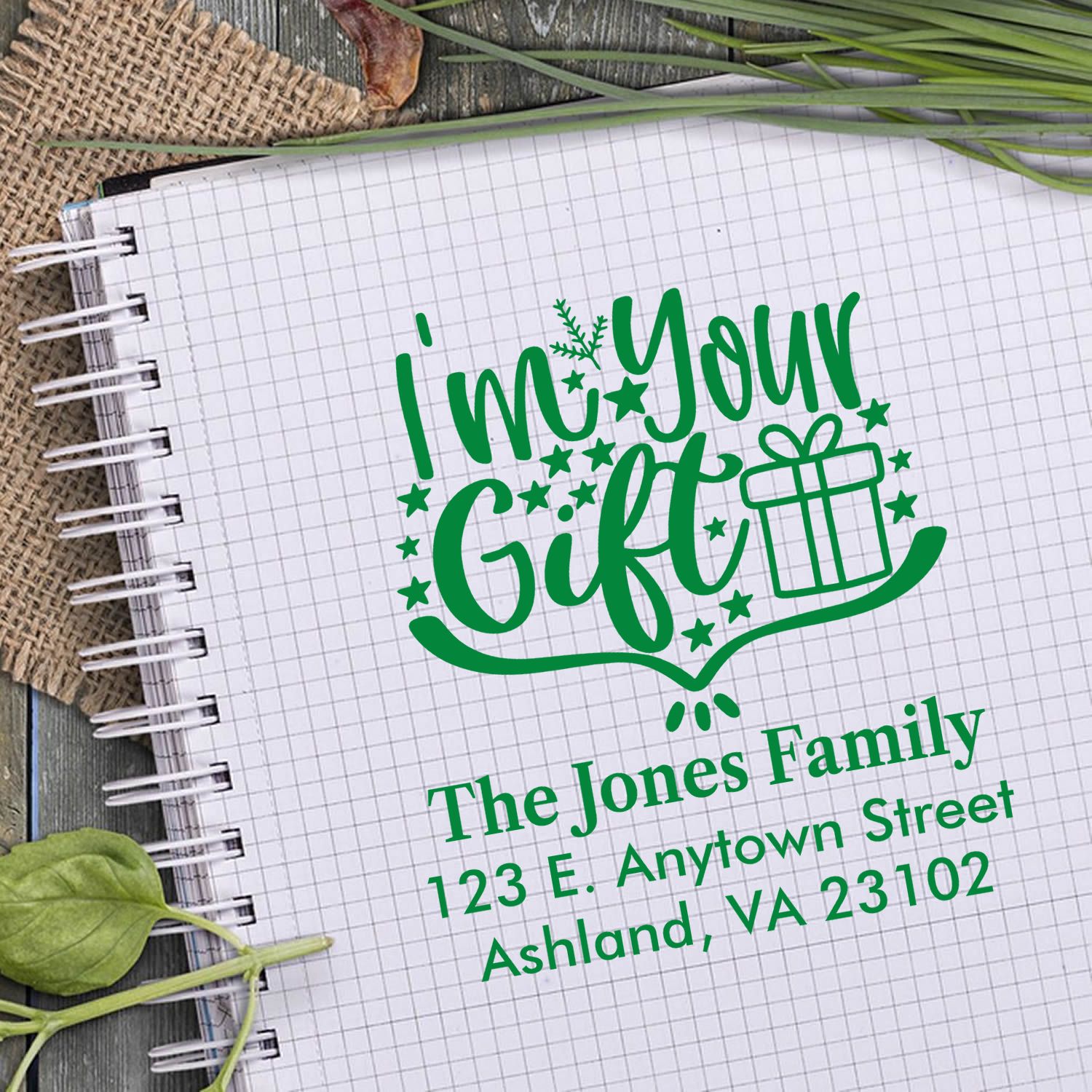 Personalized return address rubber stamp with Im Your Gift holiday design for gift wrapping, cards, and packaging.