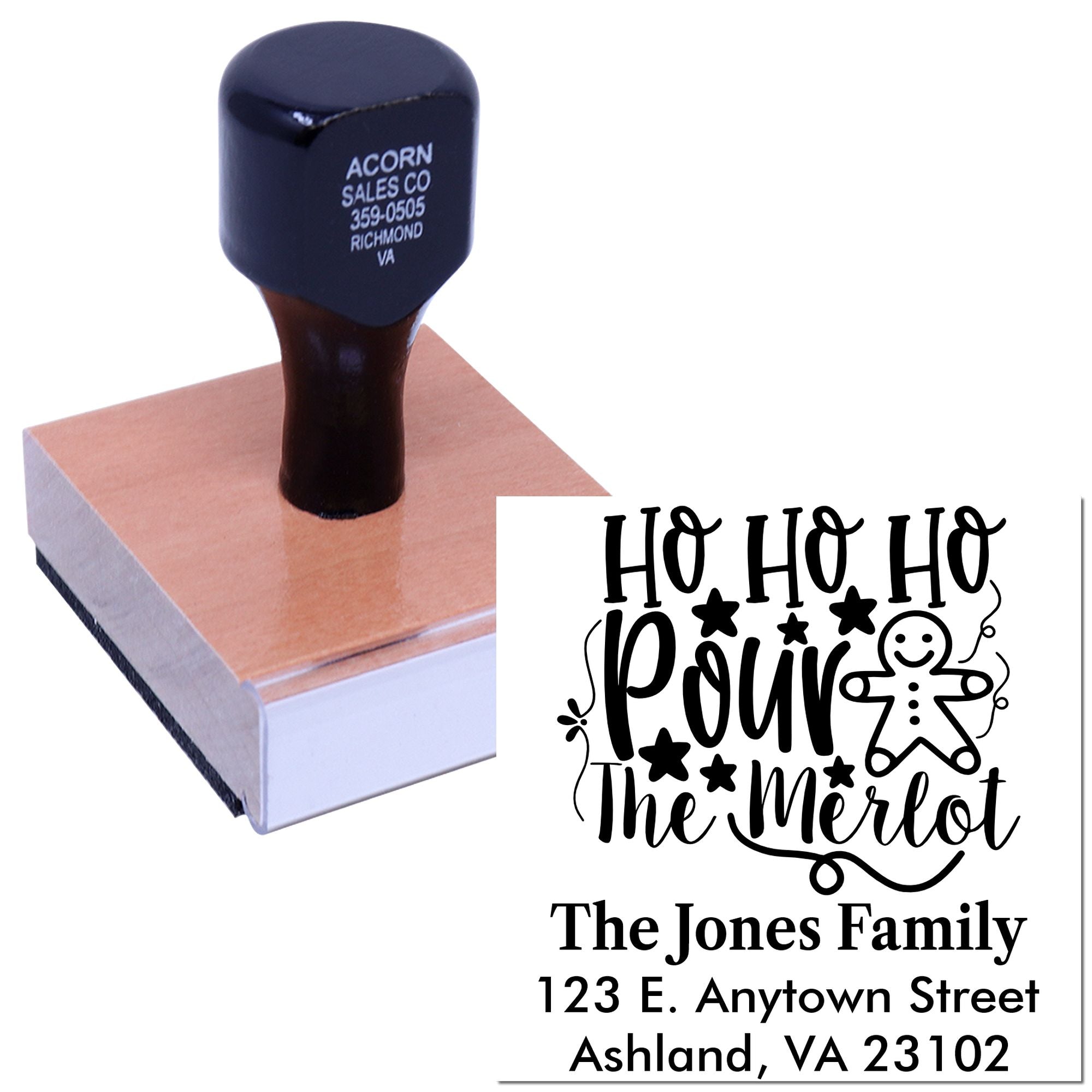 Personalized holiday address rubber stamp with Ho Ho Ho Merry Christmas design for Christmas cards and family mailings.