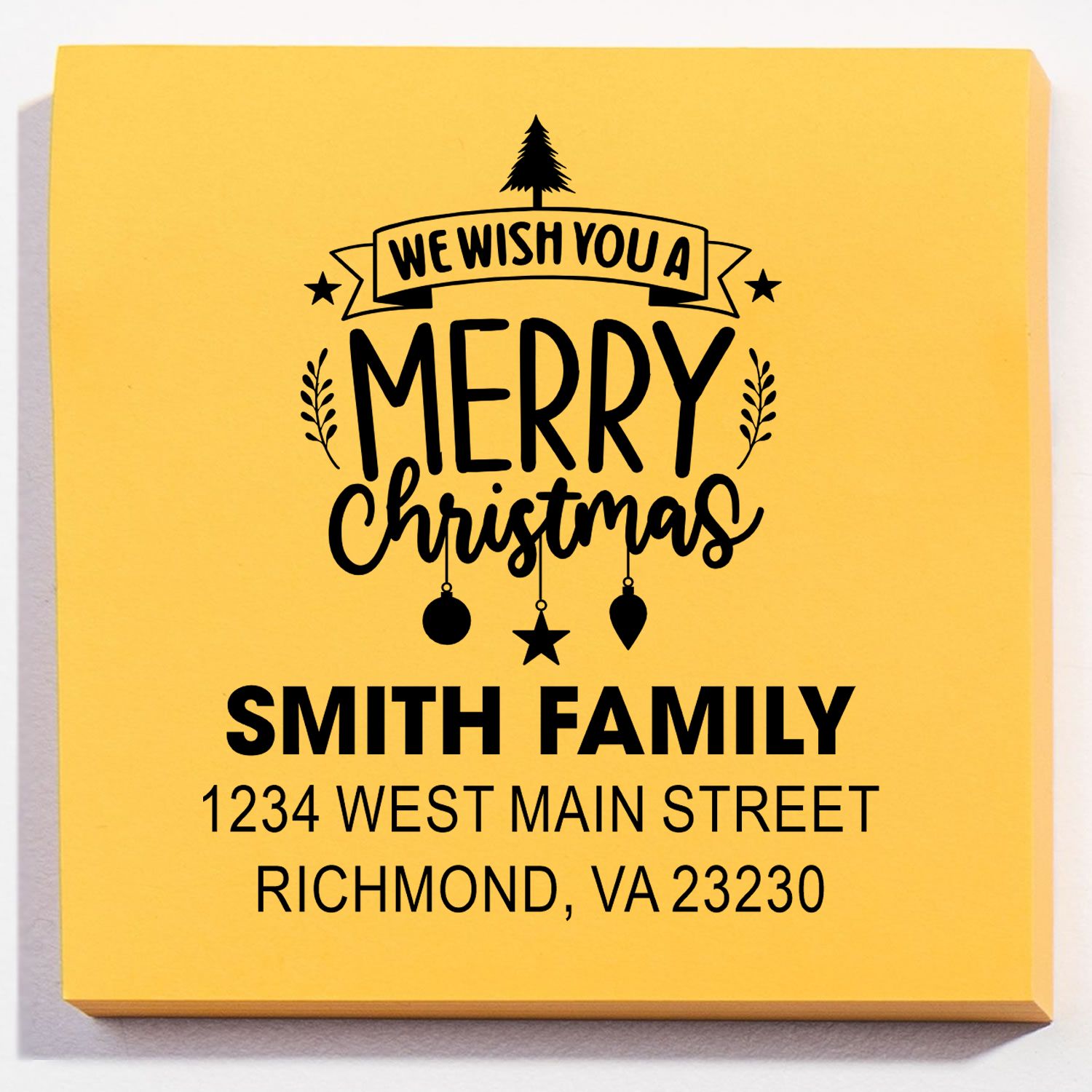 Custom Merry Christmas return address rubber stamp for the Smith family, featuring 1234 West Main Street, Richmond, VA 23230.