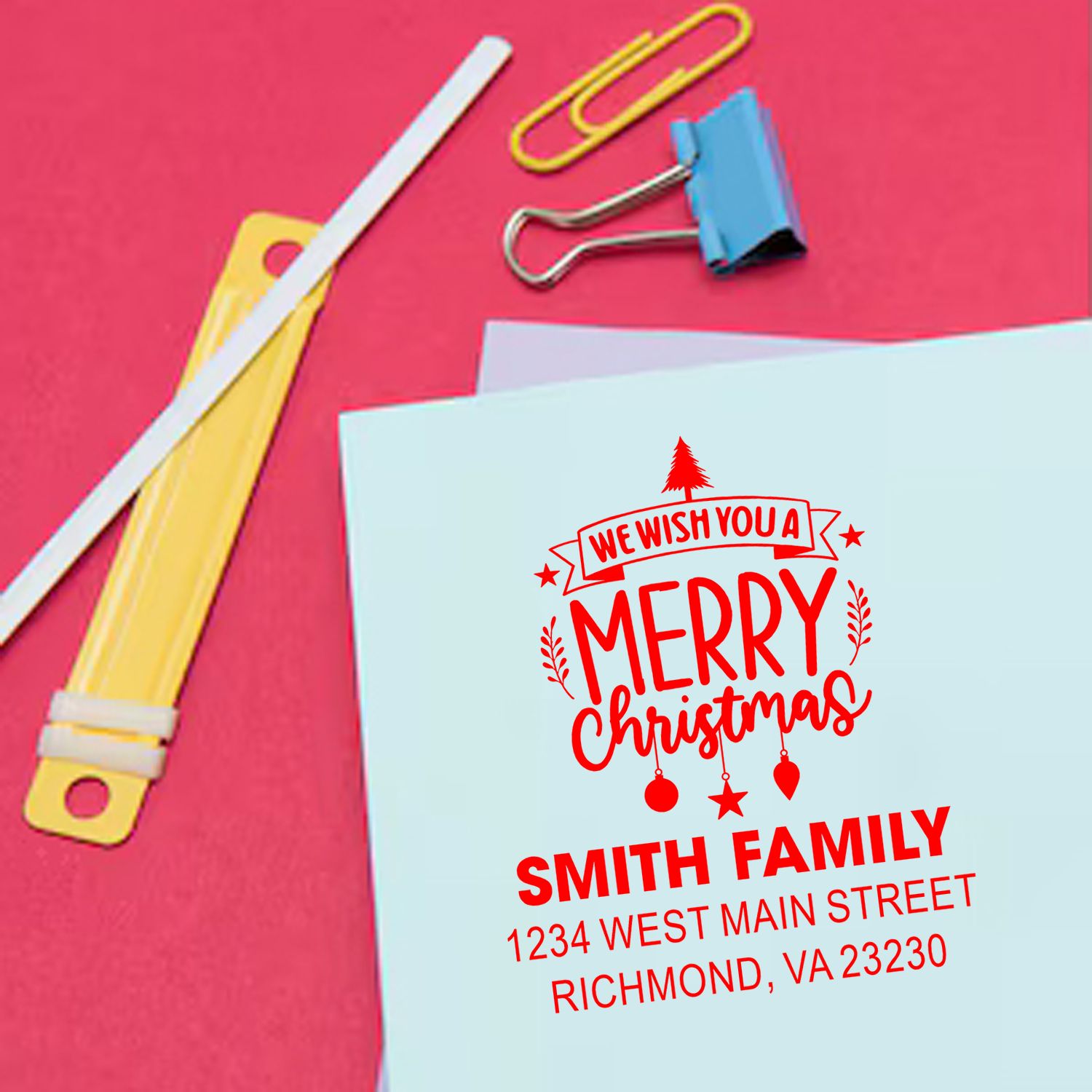Custom Christmas rubber stamp for holiday cards with Merry Christmas greeting, Smith Family name, and return address.