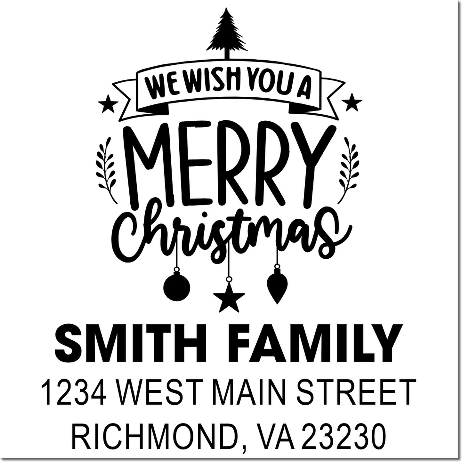 Custom Merry Christmas return address rubber stamp for Smith Family, 1234 West Main Street, Richmond, VA 23230.