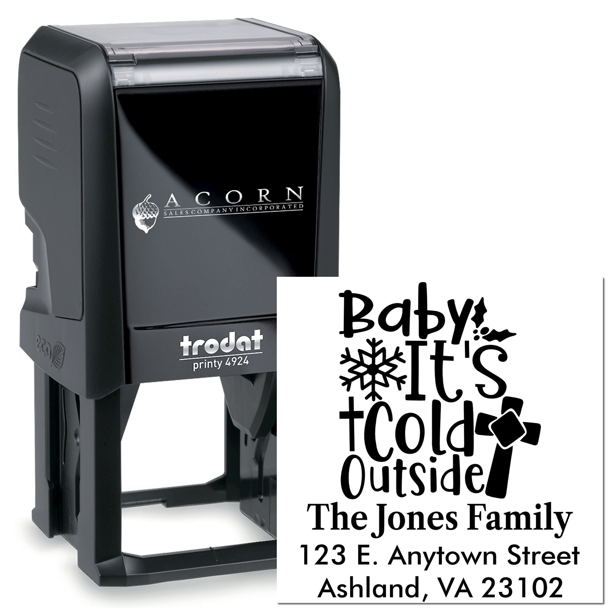 Custom self-inking return address rubber stamp with Baby Its Cold Outside winter design for The Jones Family.