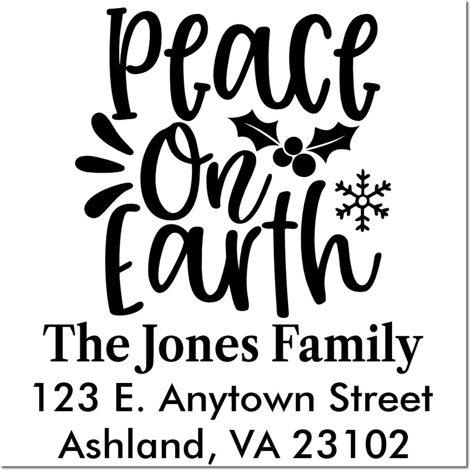 Personalized holiday return address rubber stamp with Peace On Earth design for The Jones Family, Ashland, VA.