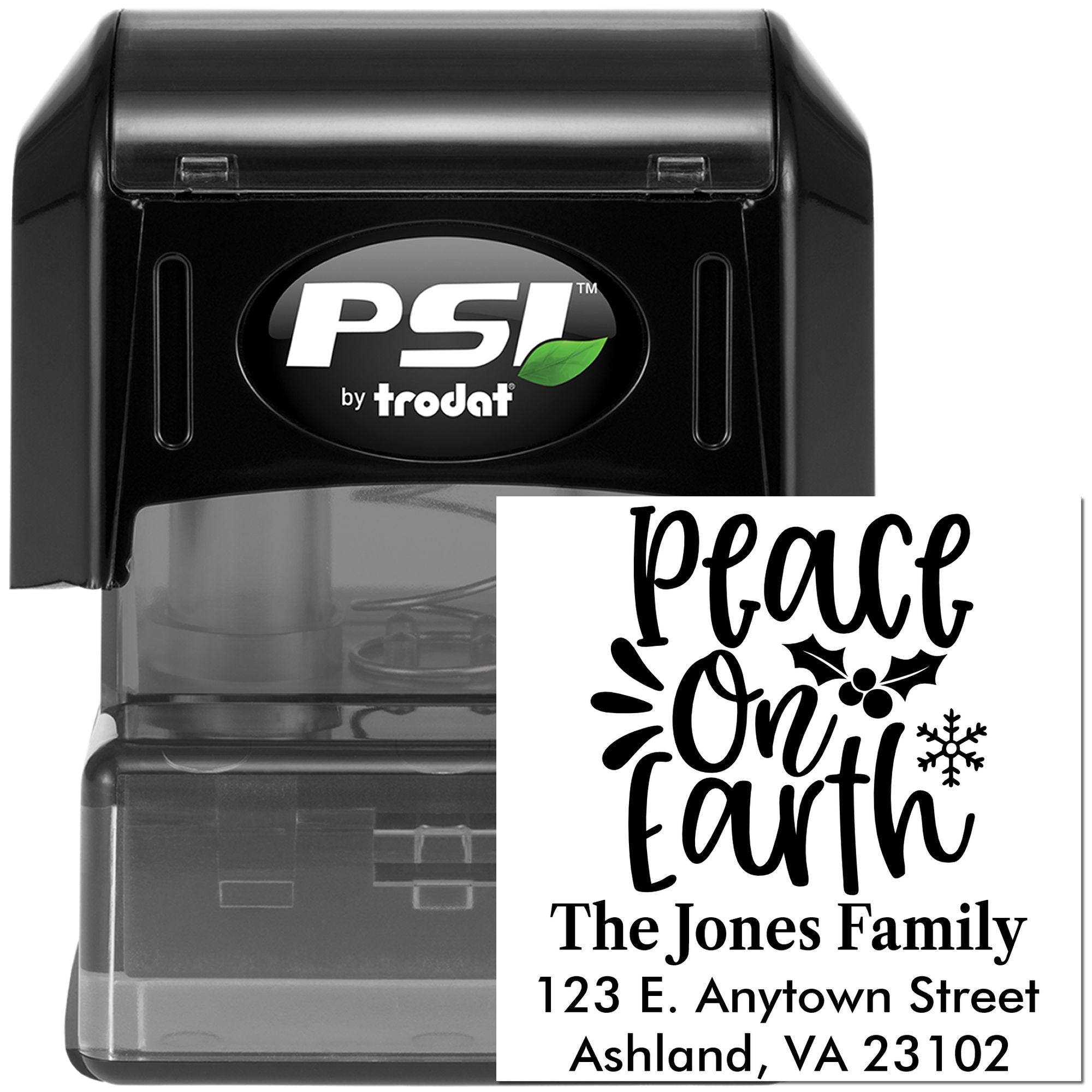 PSI by Trodat personalized self-inking rubber stamp with custom holiday return address, Peace on Earth, The Jones Family.