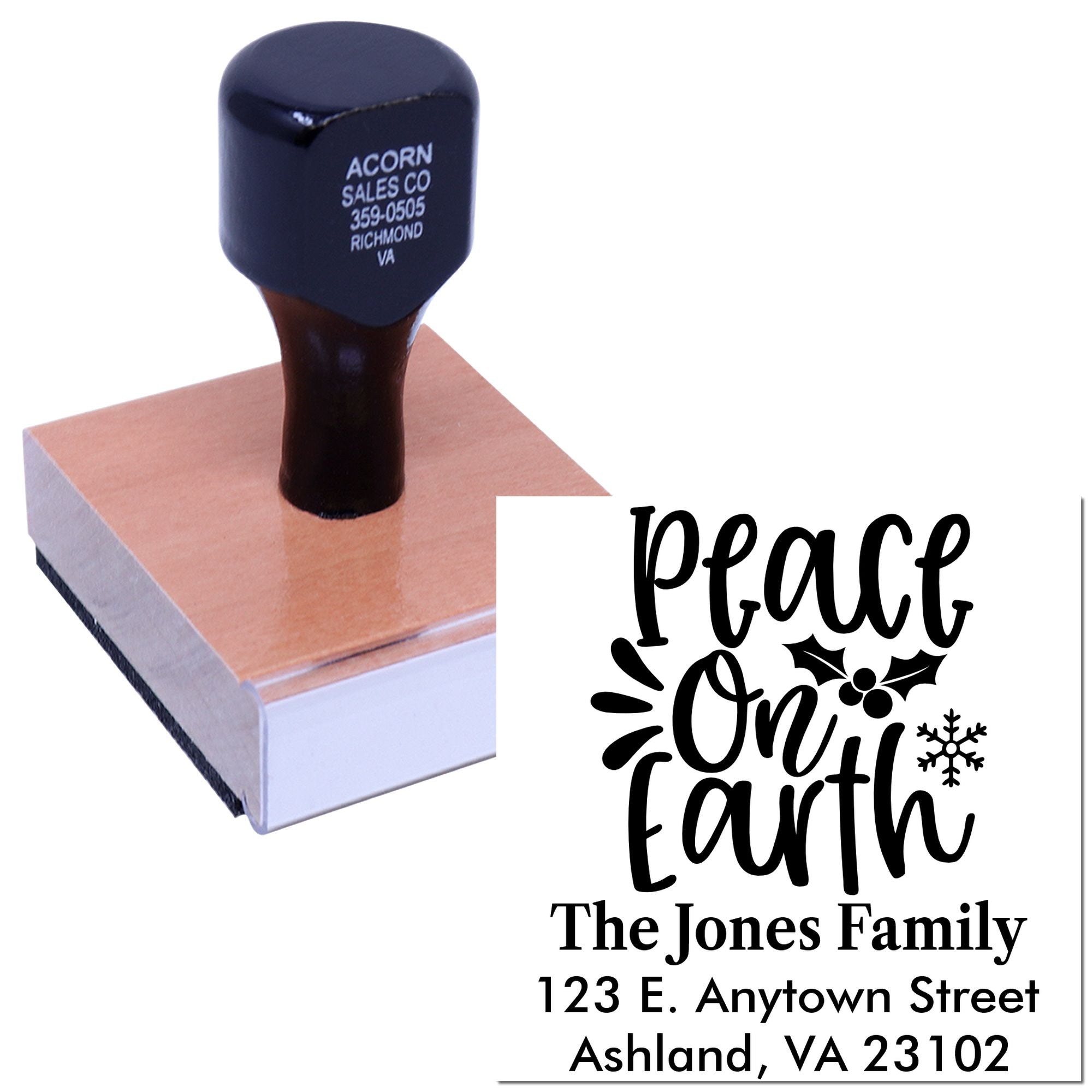 Custom holiday return address rubber stamp with Peace On Earth design for The Jones Family, Ashland, VA.