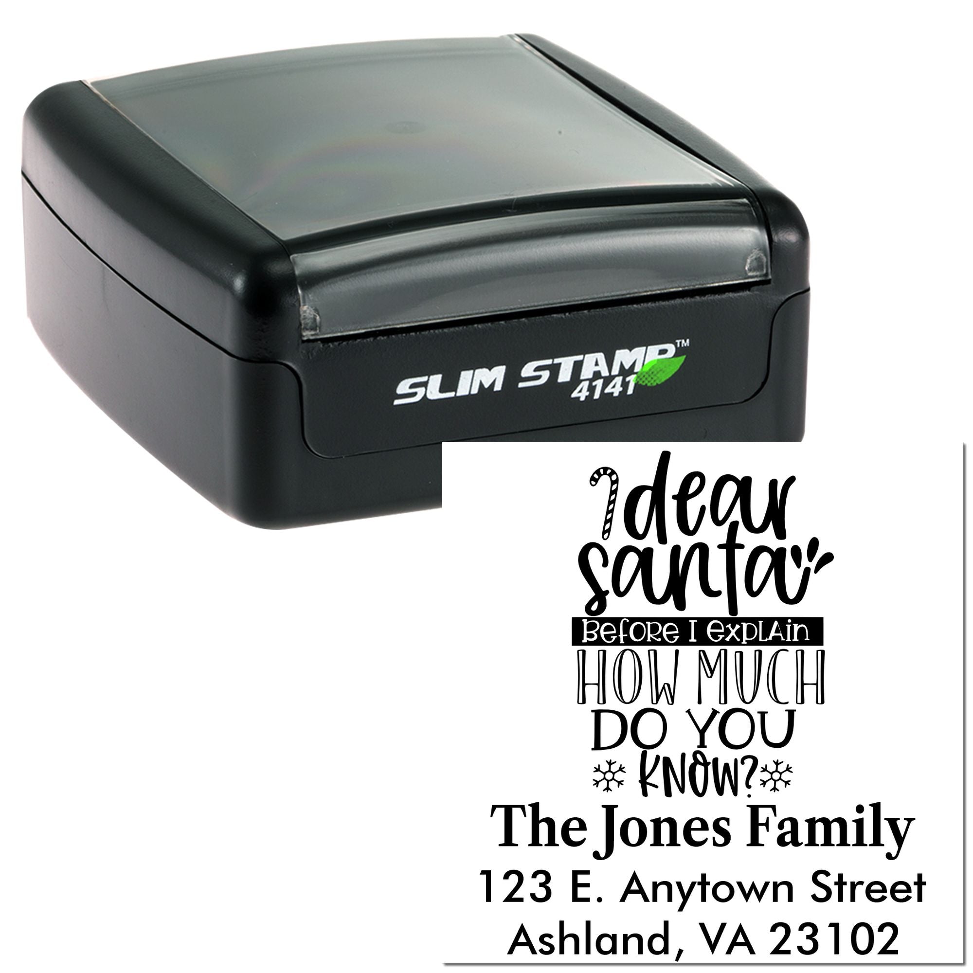 Custom self-inking rubber stamp with personalized family address and quote imprint for mailing and craft use.