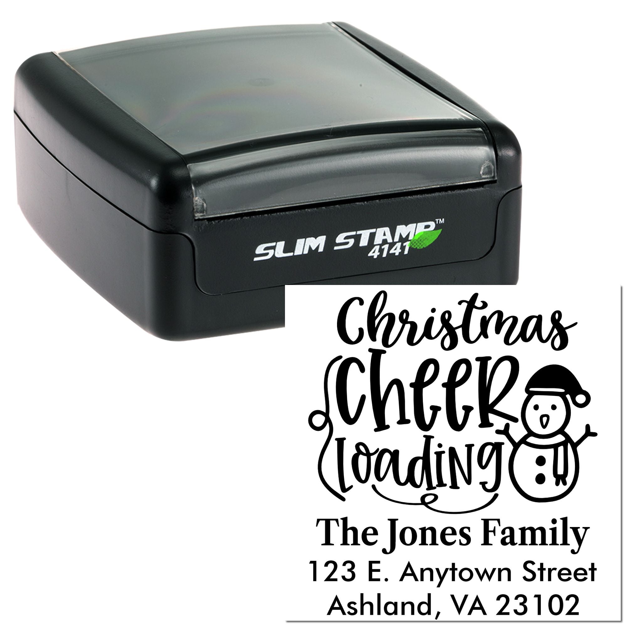 Custom Christmas Cheer Loading self-inking return address rubber stamp for The Jones Family.