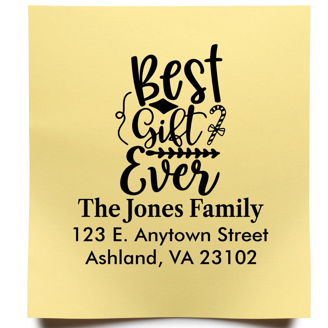 Custom Best Gift Ever return address rubber stamp for holiday gifts, featuring family name and mailing address.