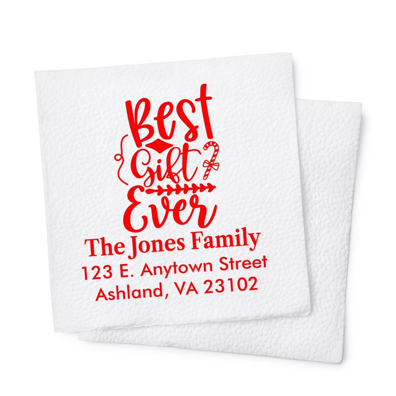 Custom holiday rubber stamp design reading Best Gift Ever with family name and address for personalized gift packaging.