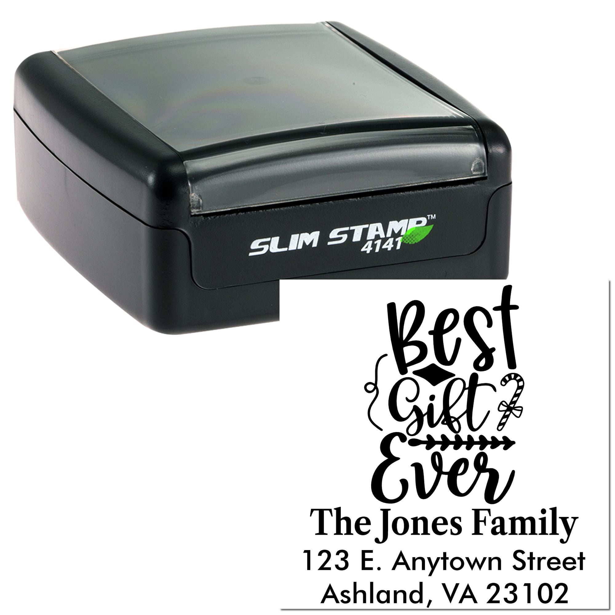 Personalized Best Gift Ever address rubber stamp with family name and mailing address for gift packaging and cards.