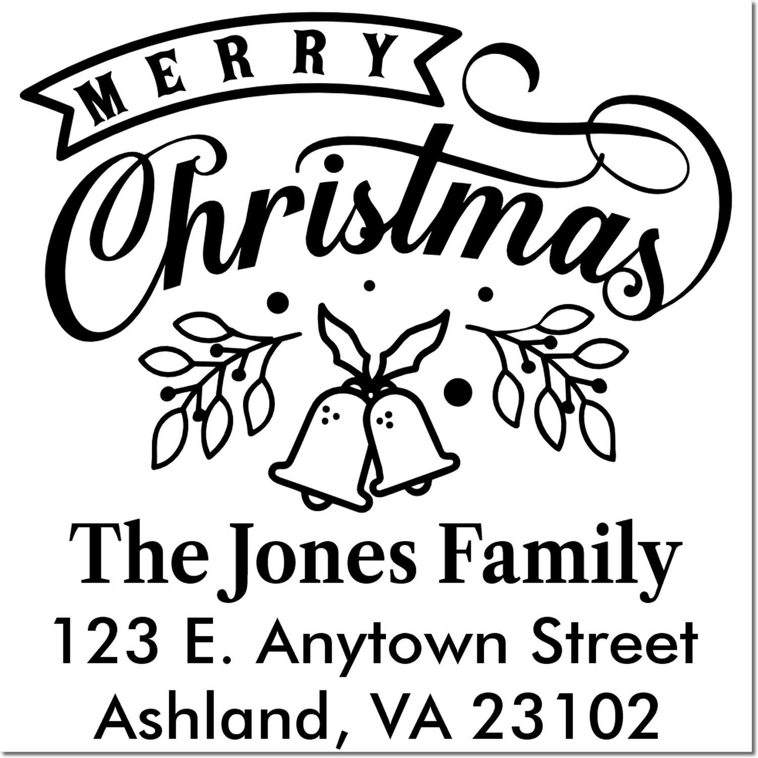 Personalized Merry Christmas address rubber stamp with bells and family name for holiday cards and festive mail.