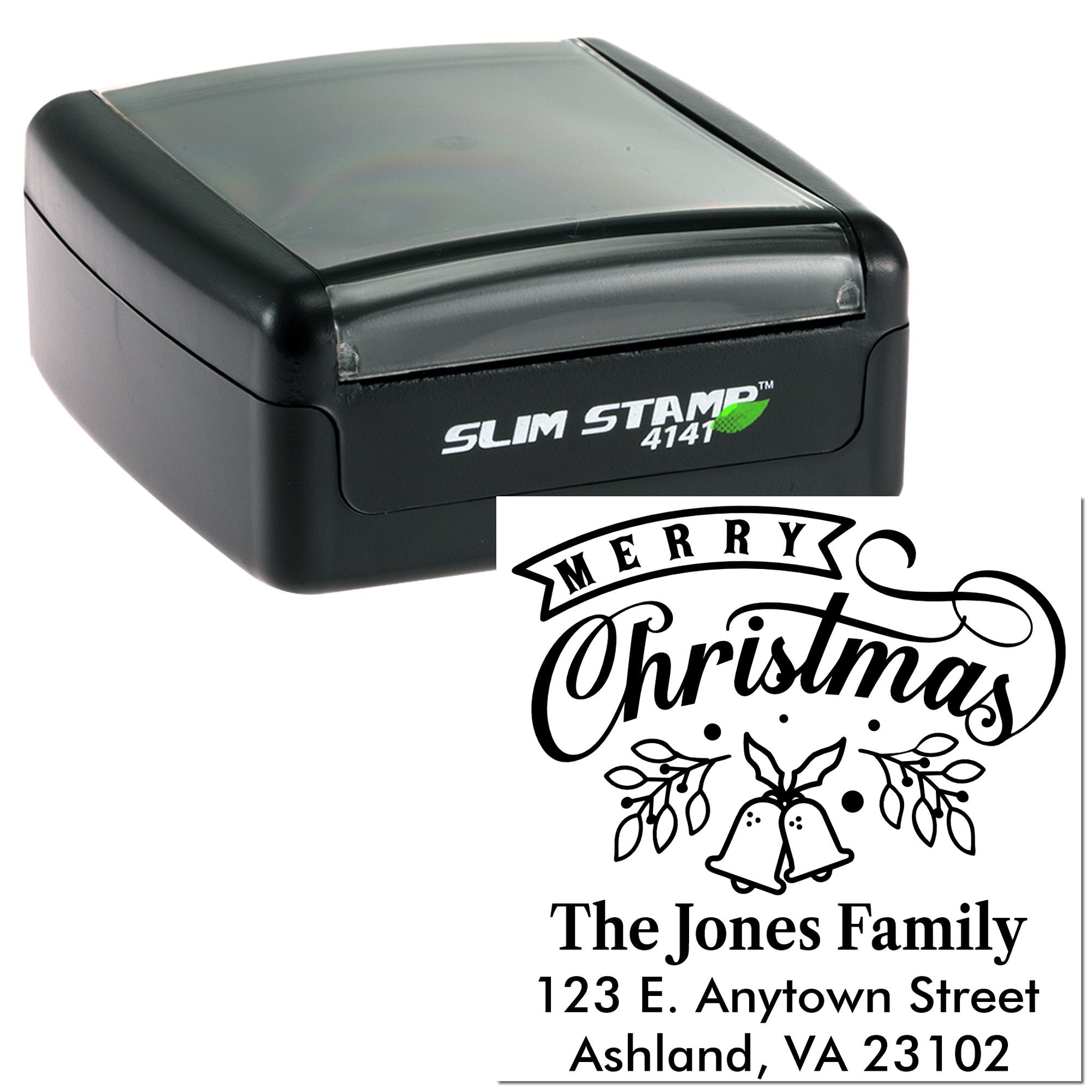 Custom self-inking Christmas return address rubber stamp with festive holiday design for family mailings.
