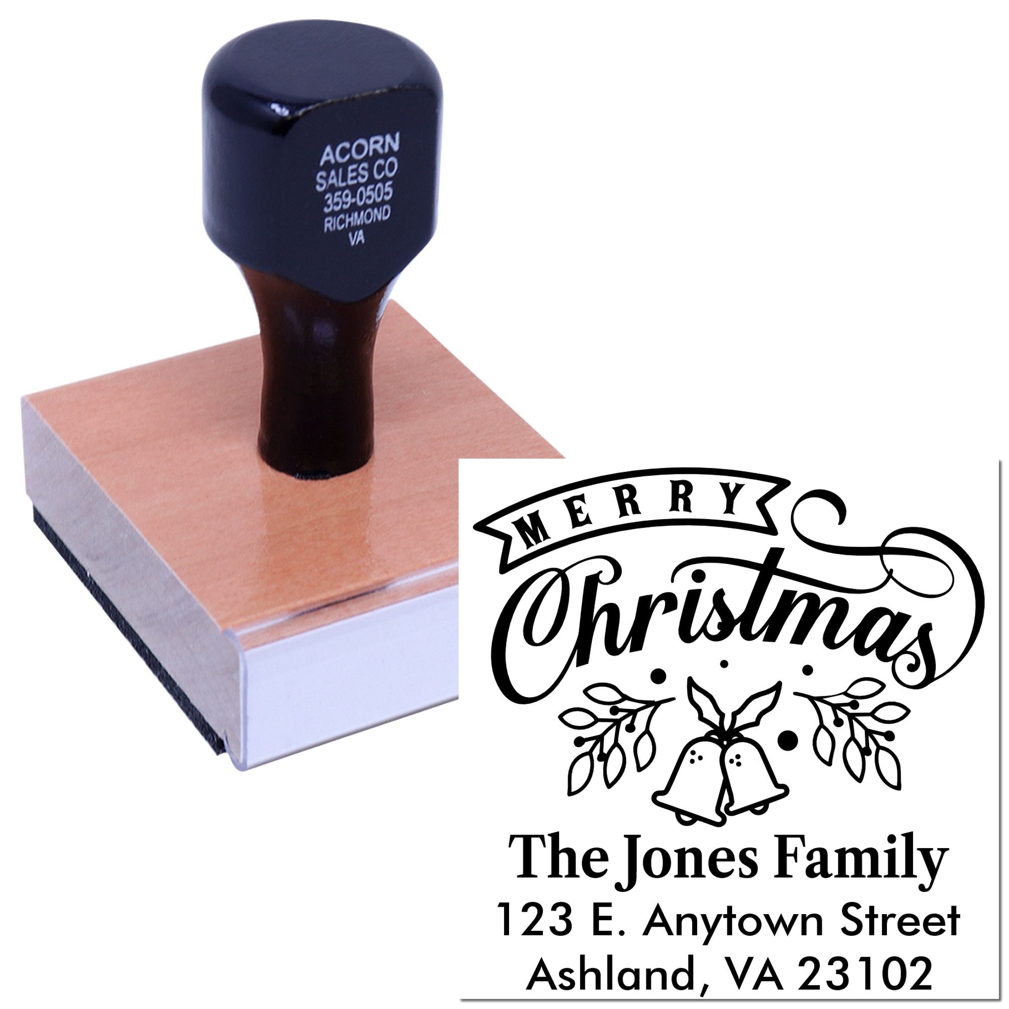 Personalized Christmas return address rubber stamp with self-inking handle and festive Merry Christmas family design.