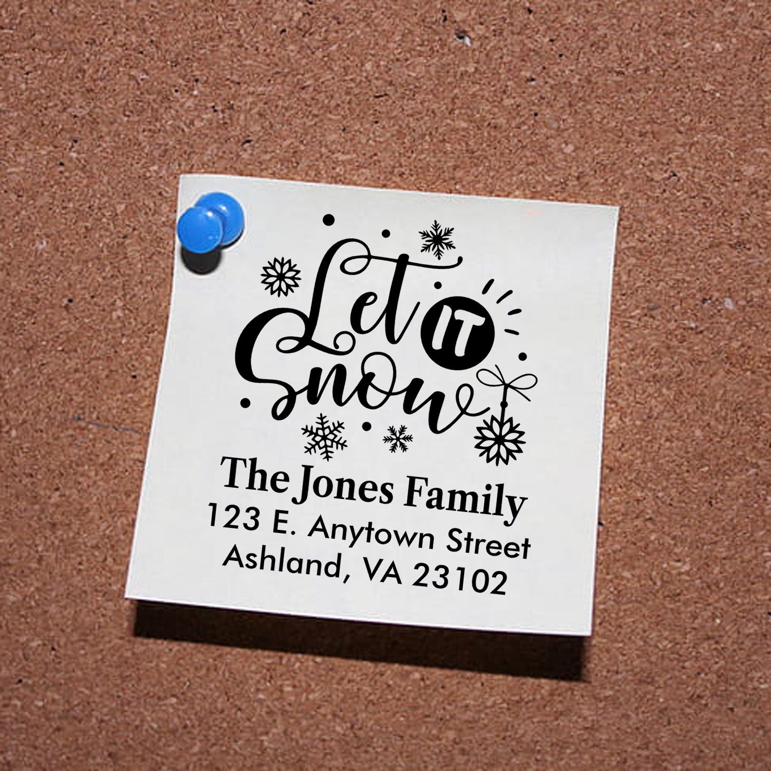 Custom Let It Snow return address rubber stamp with family name and mailing address for holiday cards