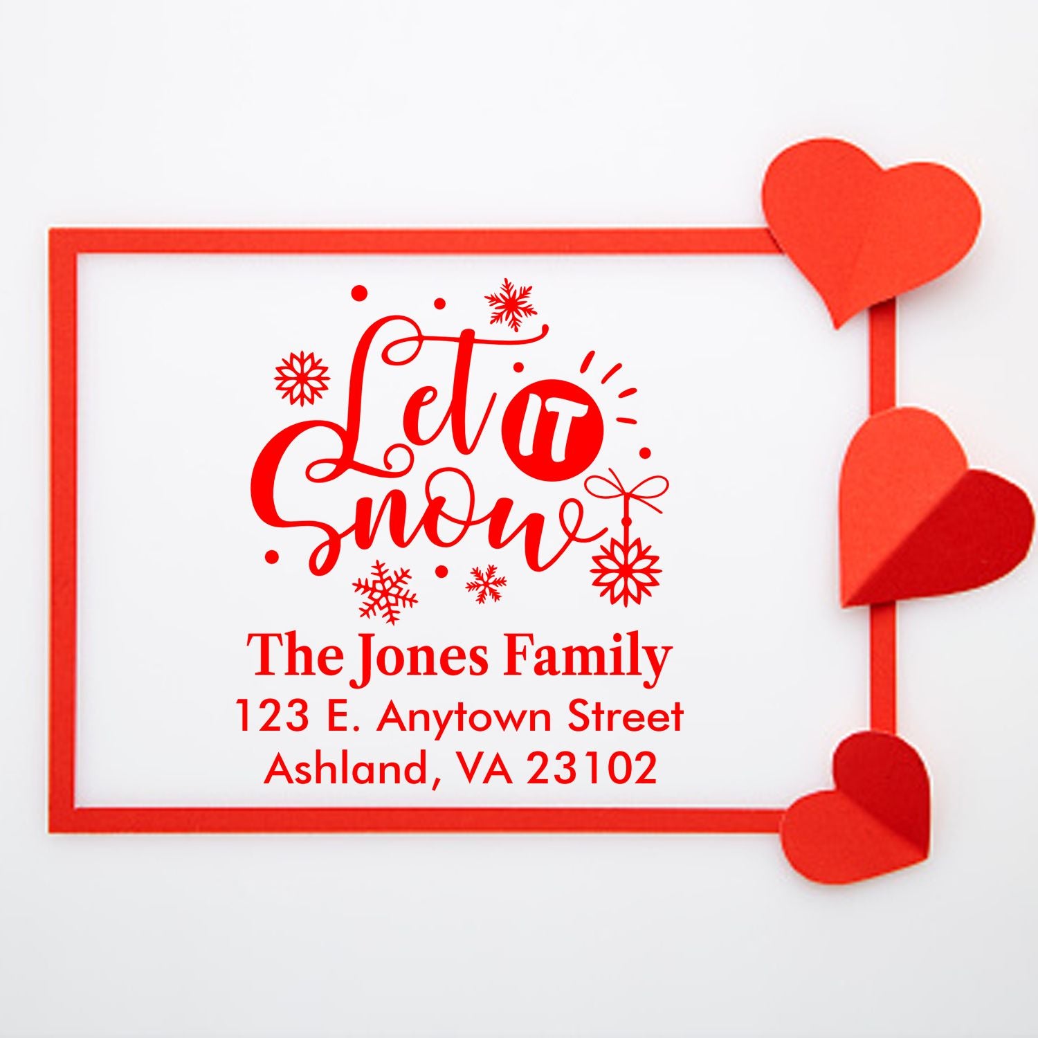 Personalized holiday return address rubber stamp design with Let It Snow artwork for Christmas cards and festive mail.