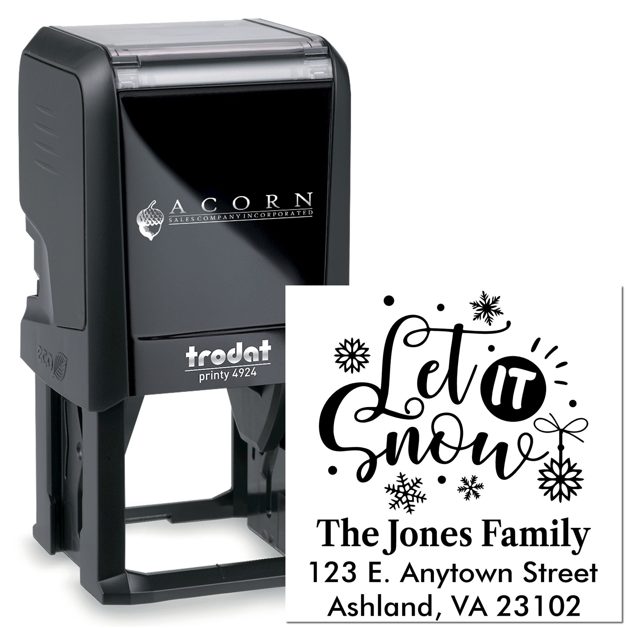 Trodat Printy 4924 self-inking custom rubber stamp with winter Let it Snow return address design for The Jones Family.