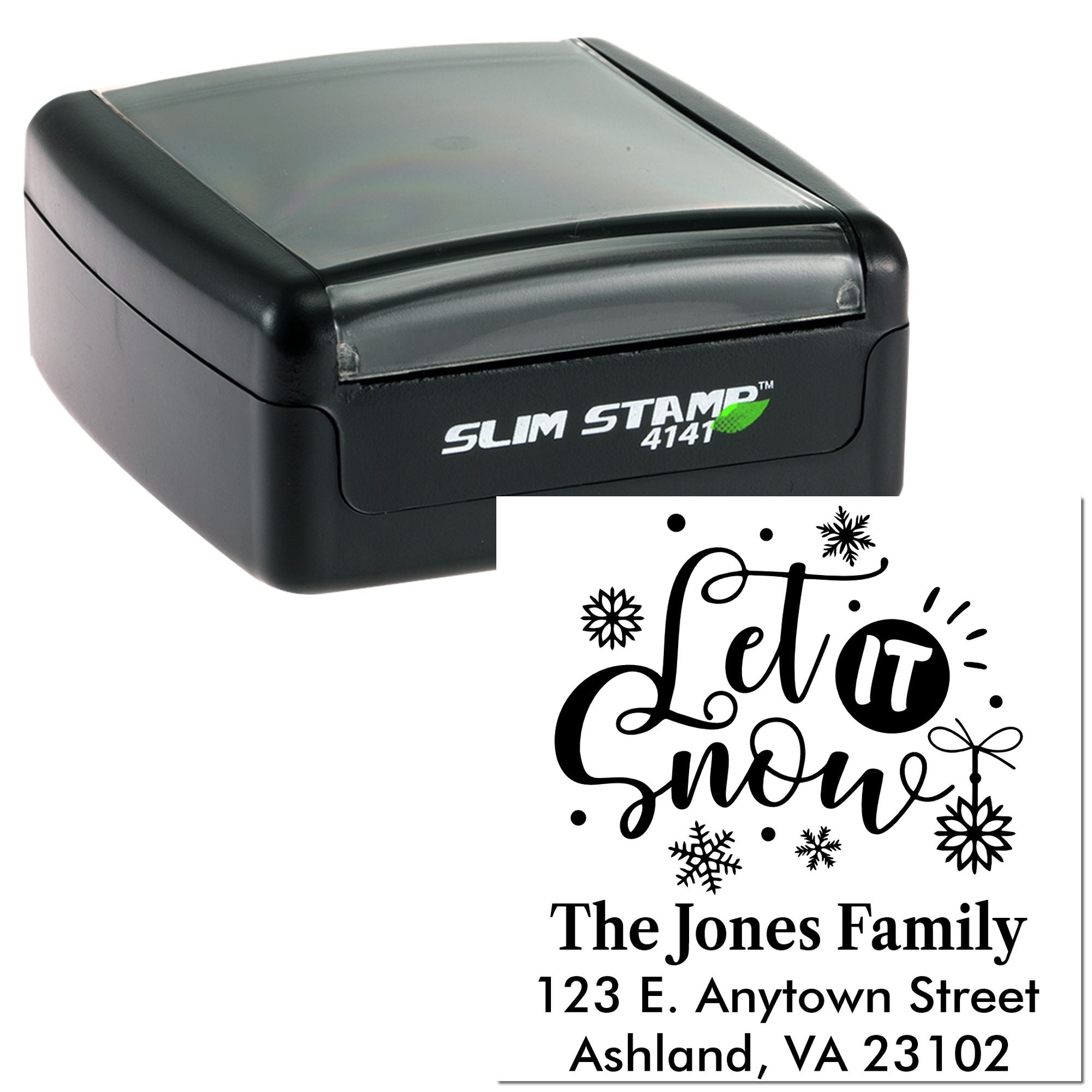 Custom self-inking rubber stamp with Let it Snow design and The Jones Family return address for holiday mailings.
