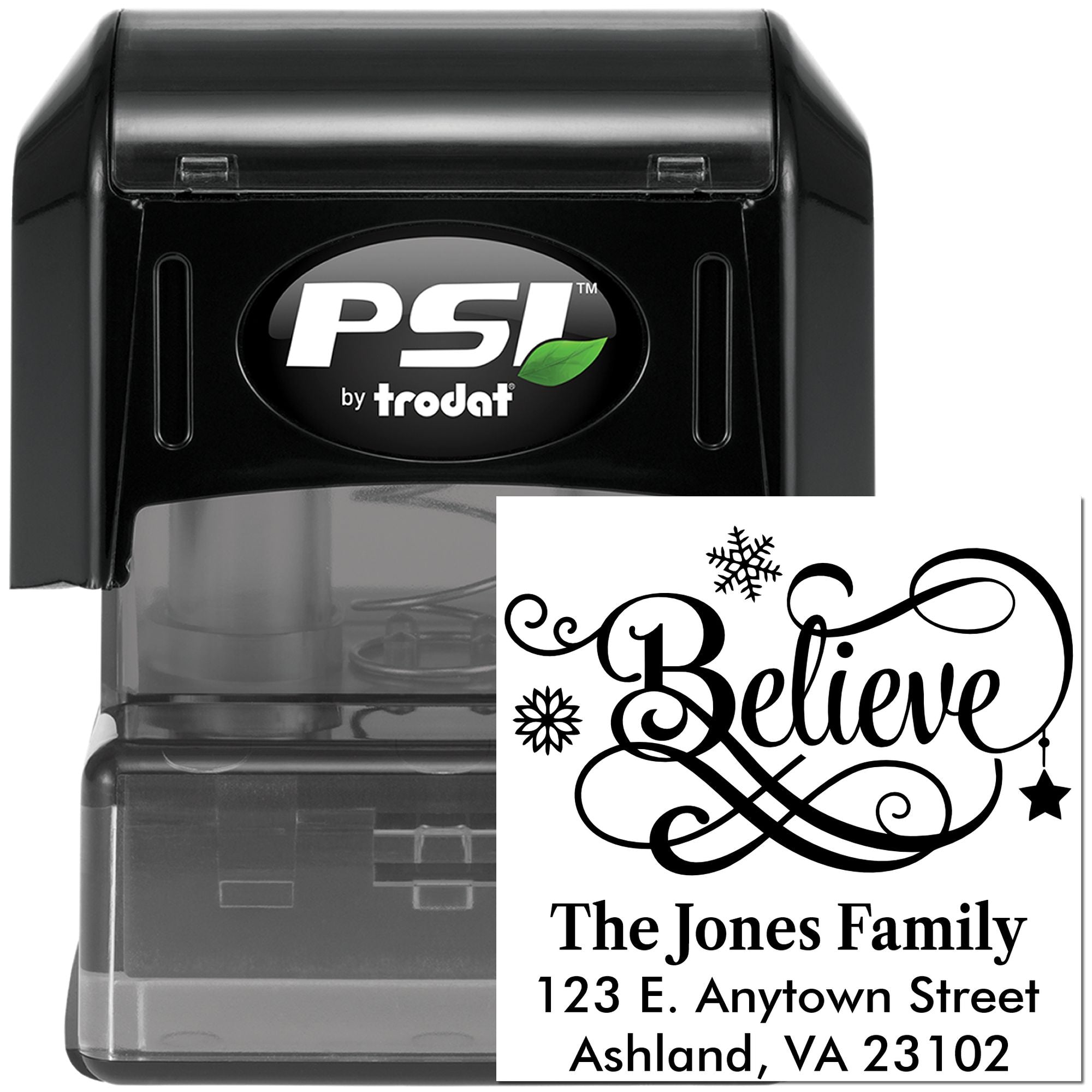 Personalized self-inking rubber stamp by PSI Trodat with Believe holiday address design for family mailings.