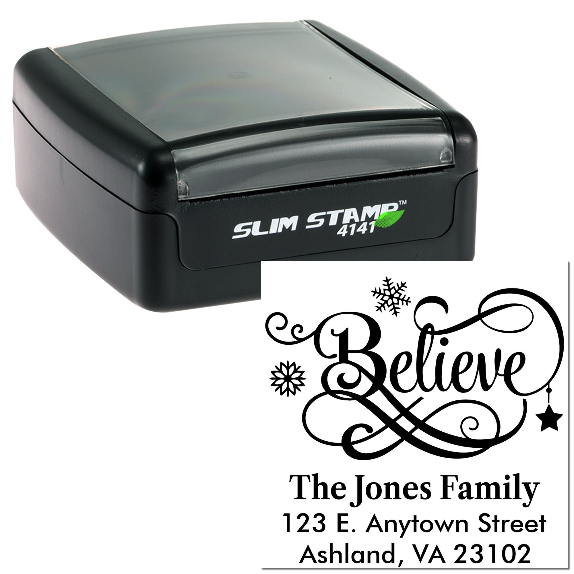 Custom self-inking rubber return address stamp with Believe design for The Jones Family and mailing address.