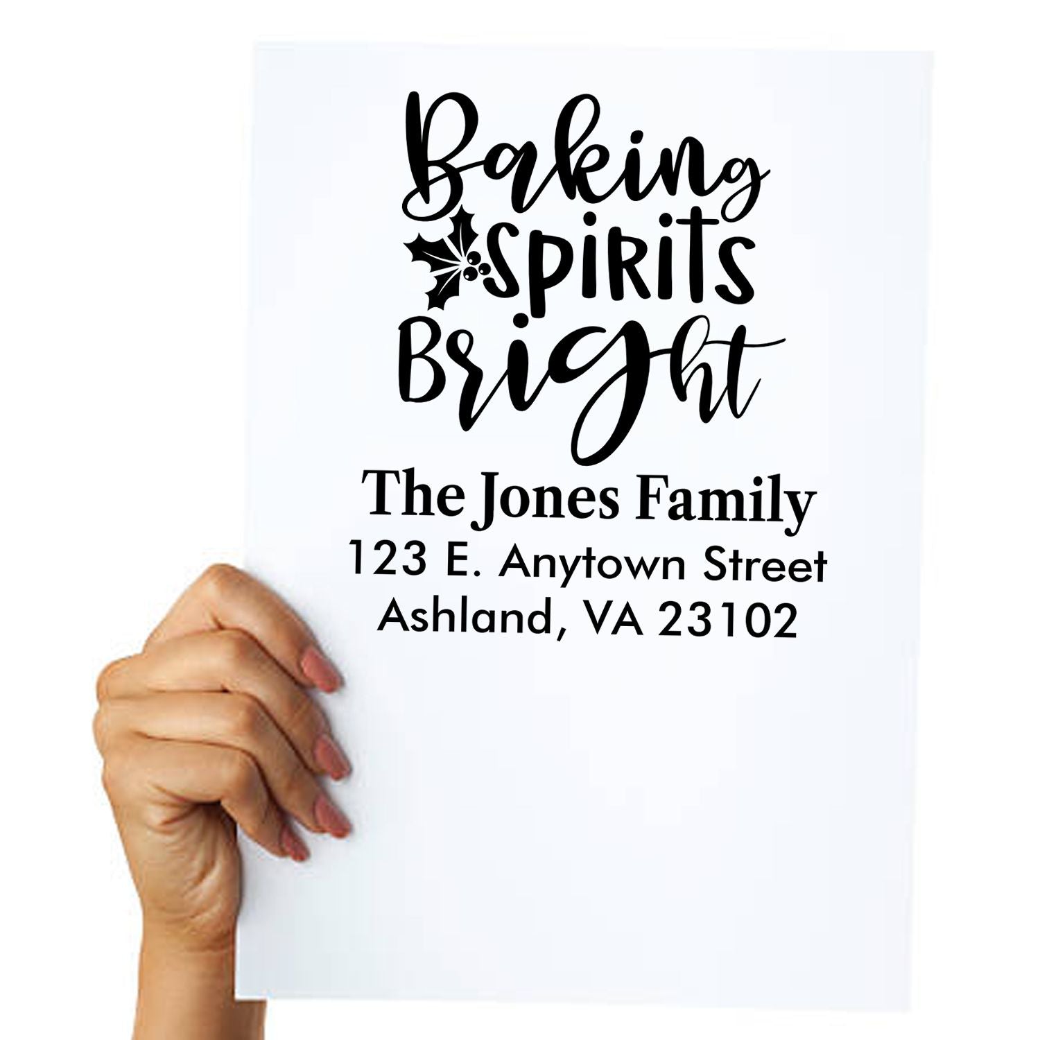Personalized rubber stamp with Baking Spirits Bright holiday message, family name, and address.