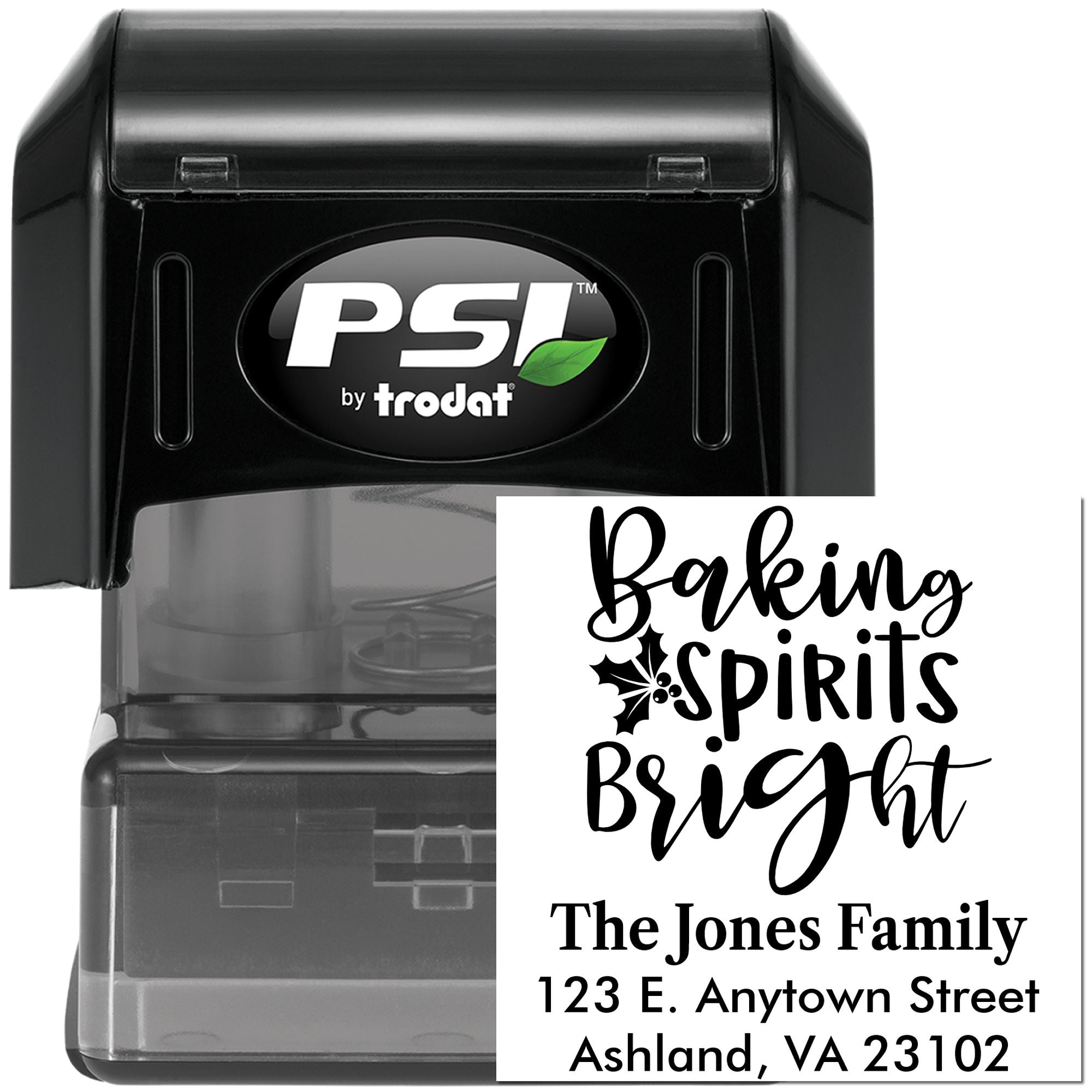Custom self-inking rubber stamp with Baking Spirits Bright and return address for holiday cards and baking gifts.