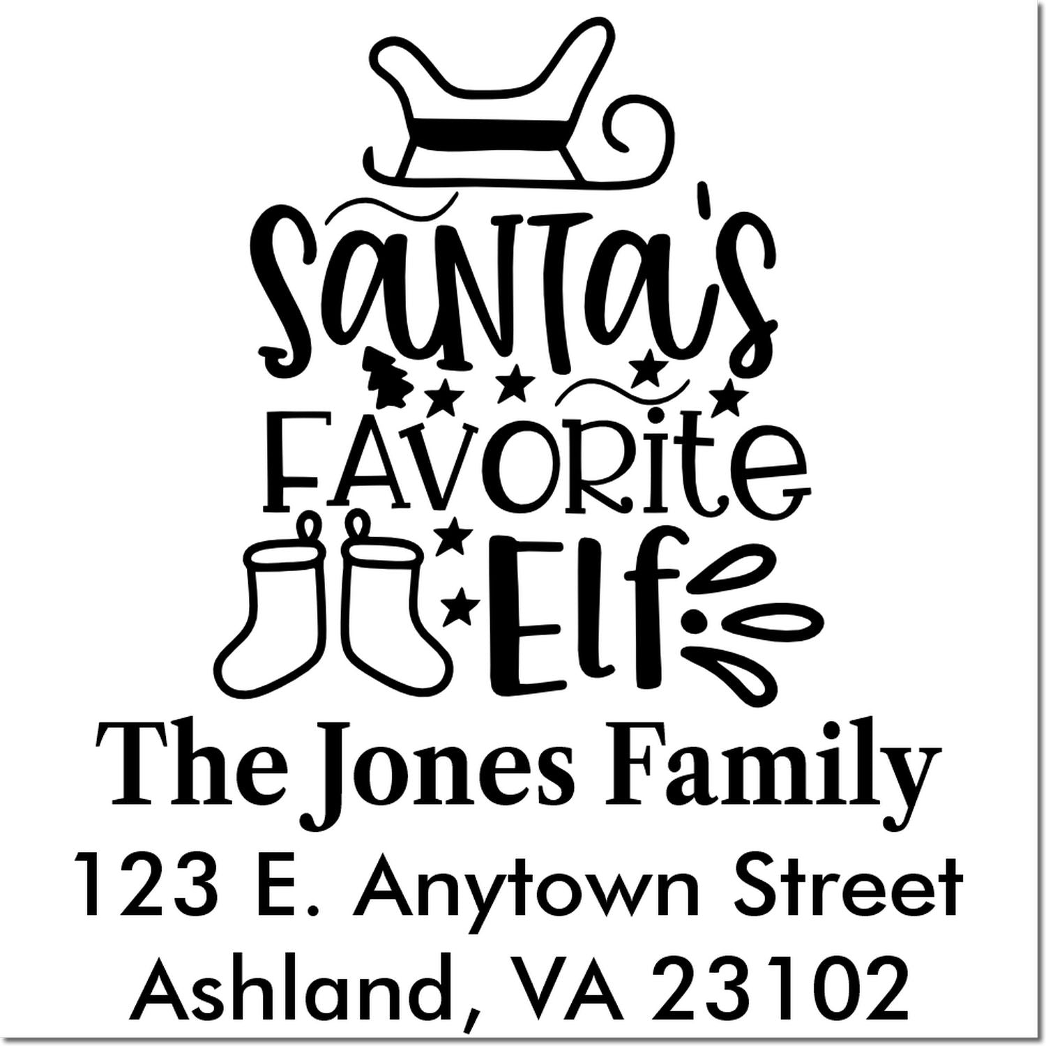 Personalized Santas Favorite Elf rubber stamp with family name and return address for holiday cards.
