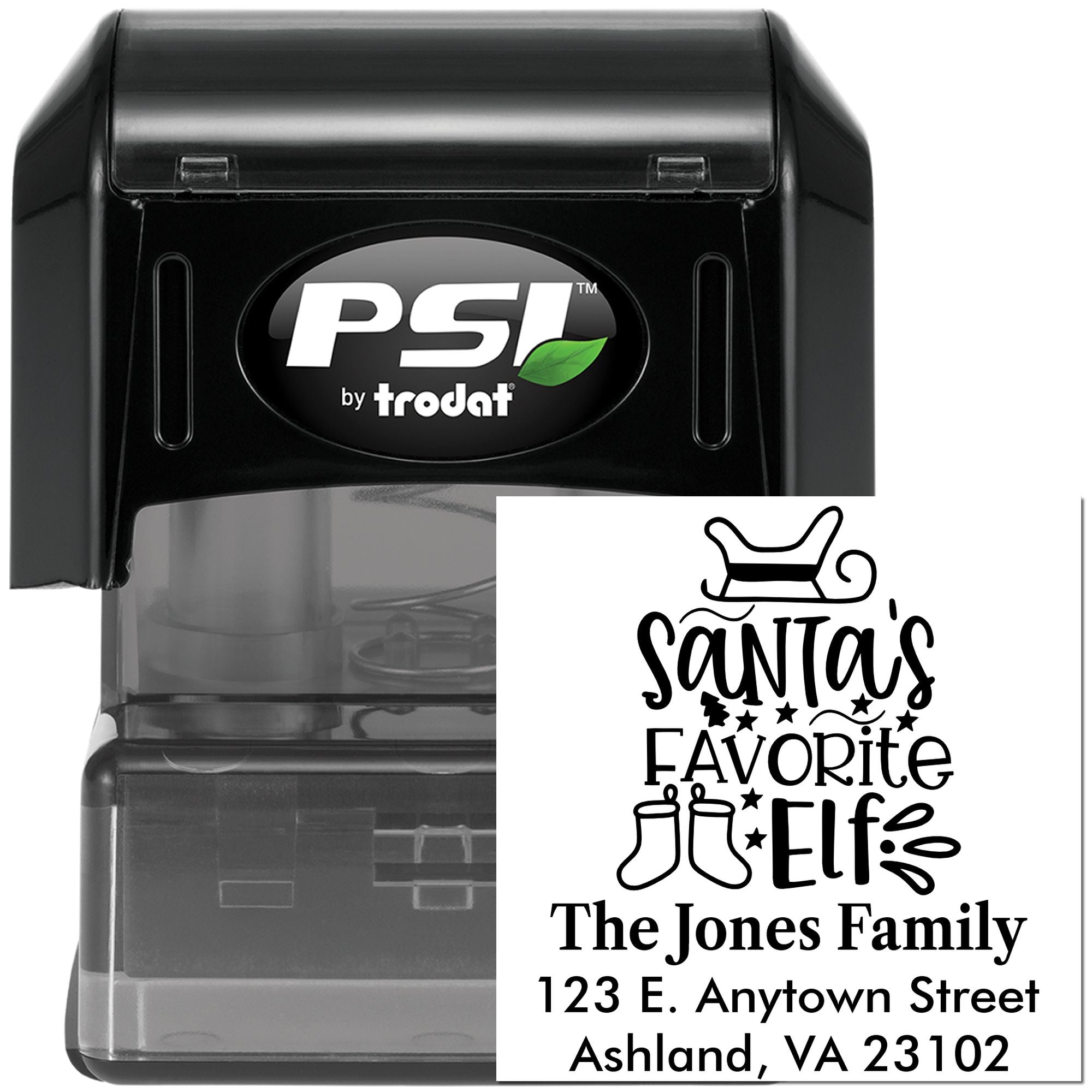 PSI by Trodat self-inking rubber stamp featuring Santas Favorite Elf design with family name and address for holiday mail.