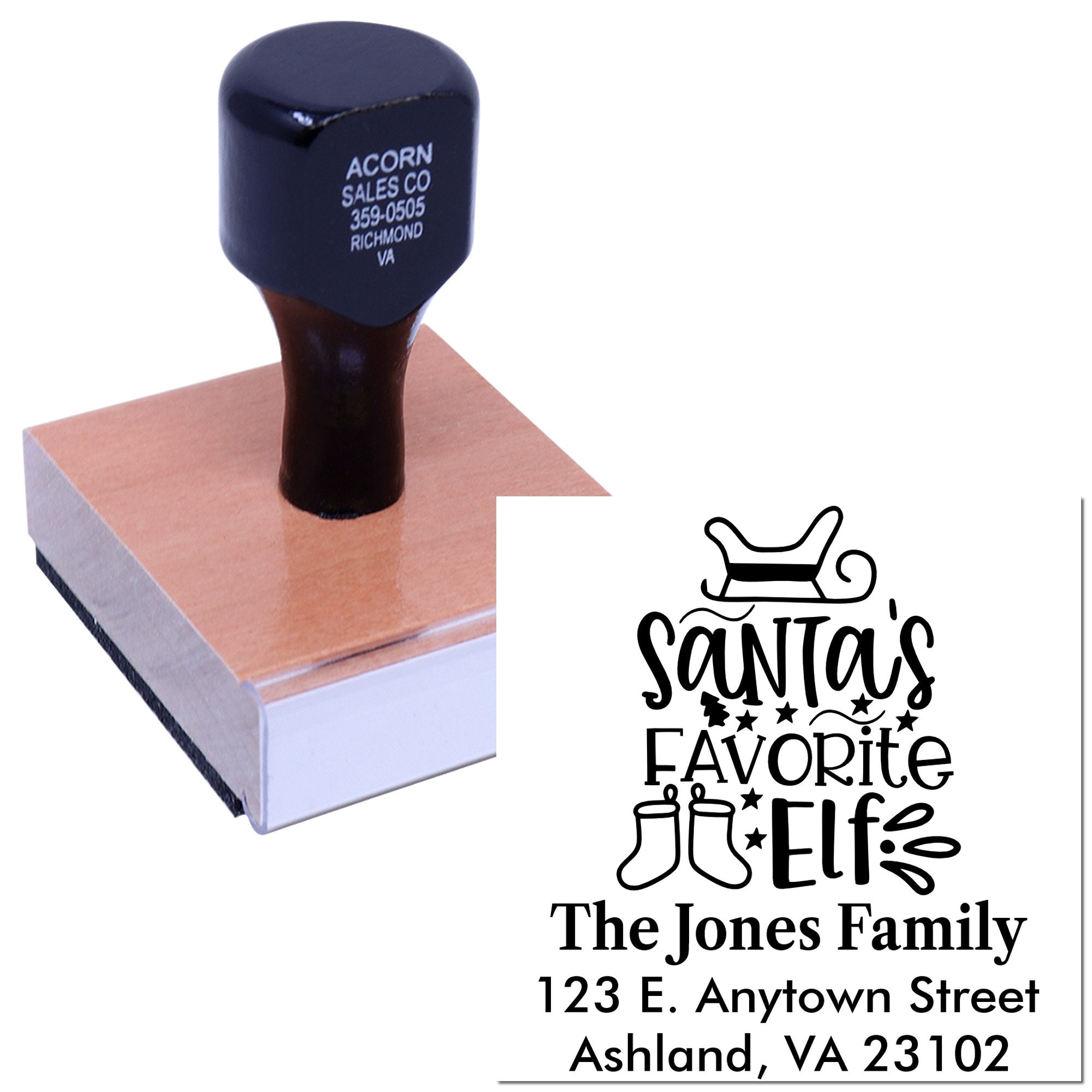 Personalized Christmas address rubber stamp with Santas Favorite Elf design and family return address imprint.