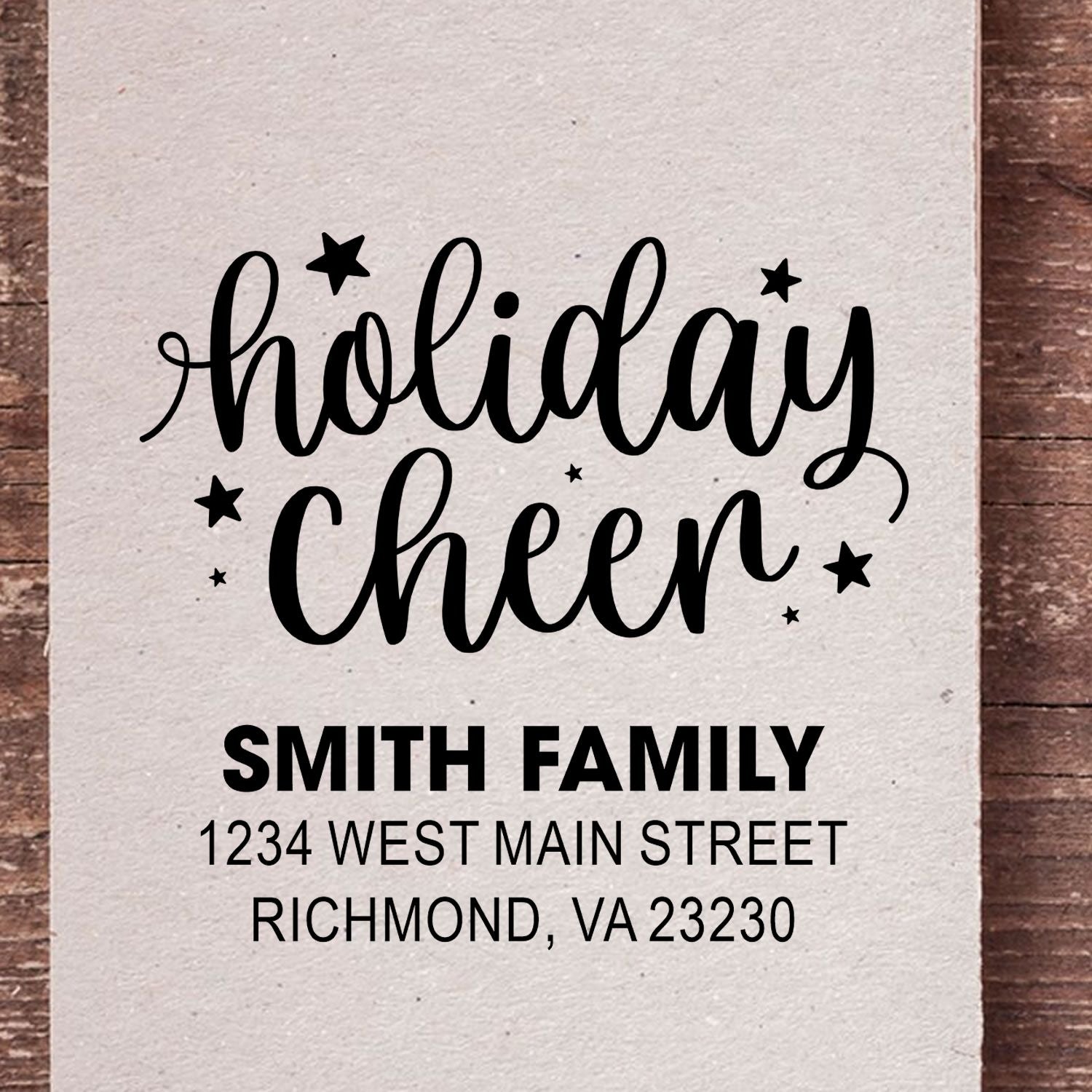 Personalized holiday cheer rubber stamp with Smith family name and Richmond, VA address for festive cards and holiday packaging.