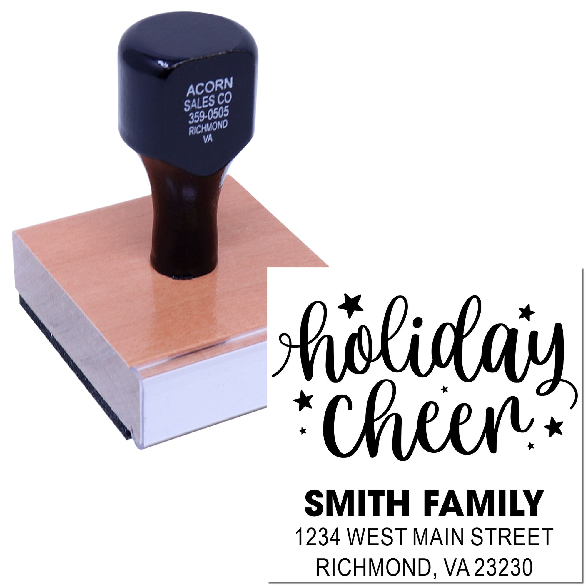 Personalized holiday cheer rubber stamp for return addresses, featuring Smith family name and Richmond, VA address.
