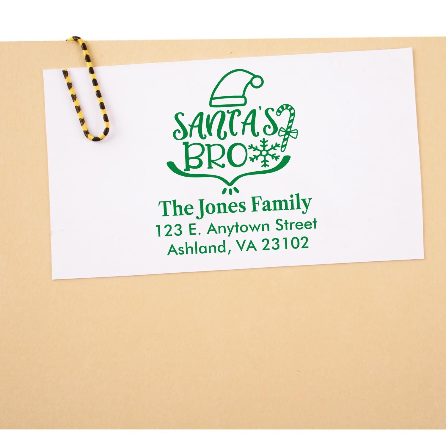 Custom Christmas return address rubber stamp featuring Santas Bro design for holiday cards, envelopes, and mail.