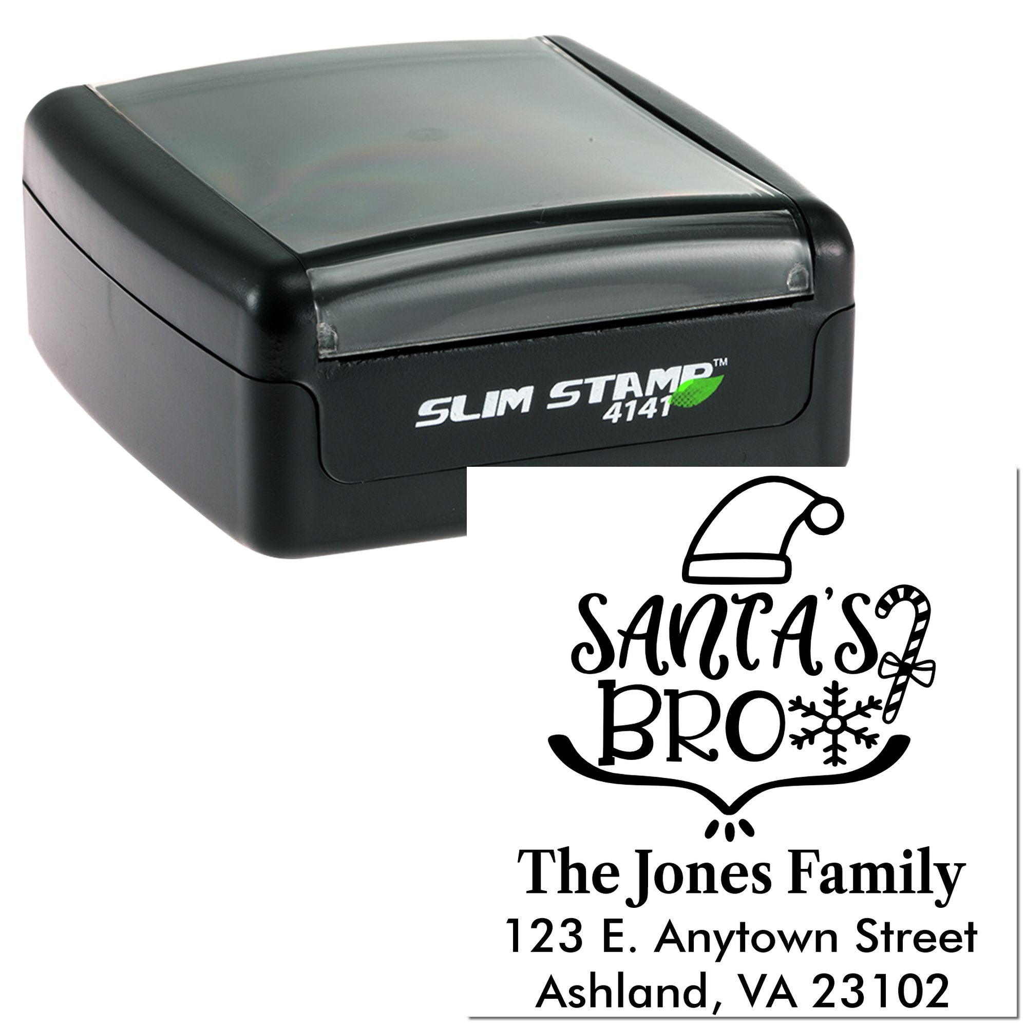 Custom self-inking Slim Stamp for holiday mailers, featuring Santas Bro personalized family return address rubber stamp design.