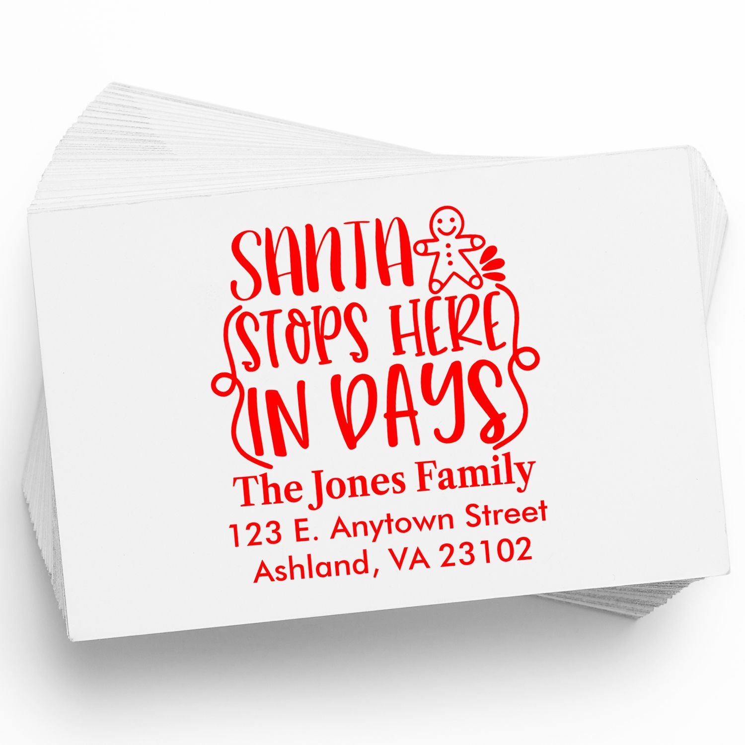 Personalized Santa Stops Here in Days custom rubber stamp with family name and address for Christmas cards and holiday mail.