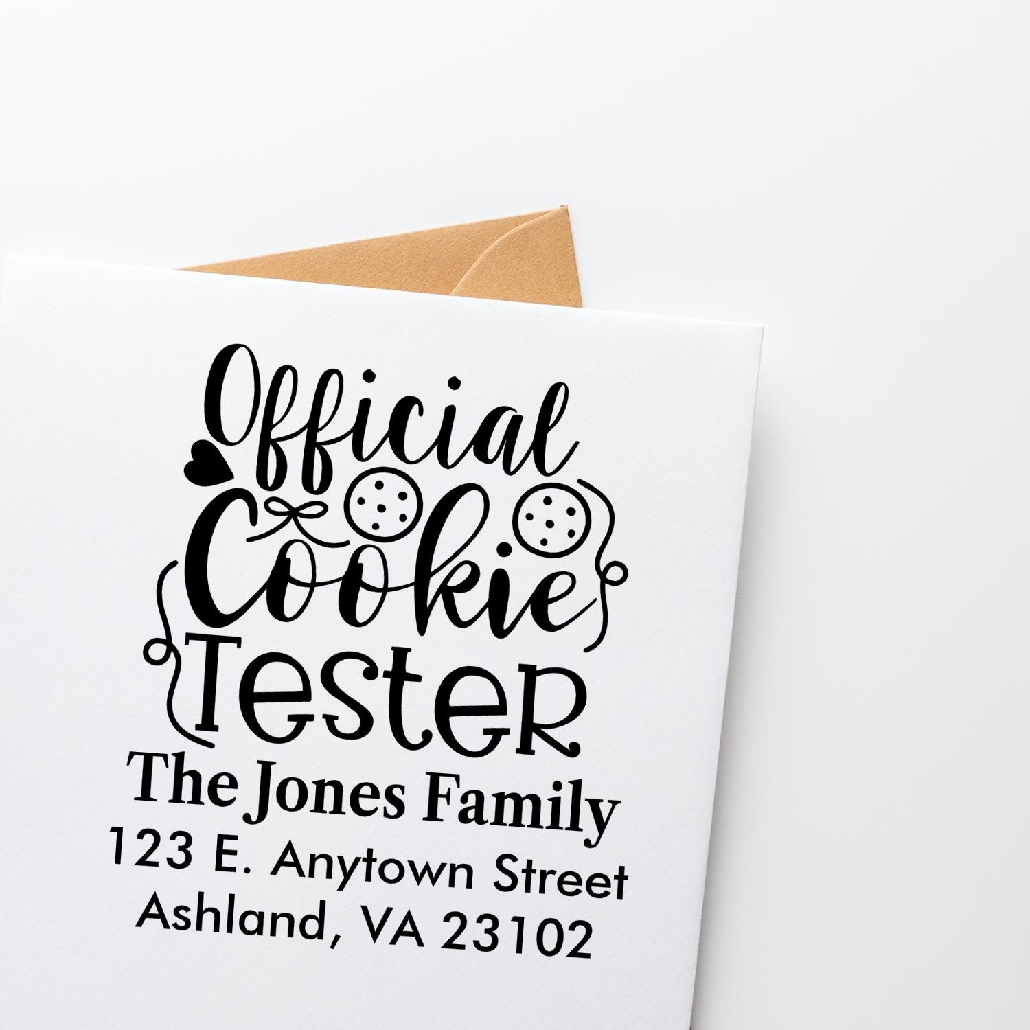 Custom rubber stamp design reading Official Cookie Tester with family name and address for personalized baking gifts.