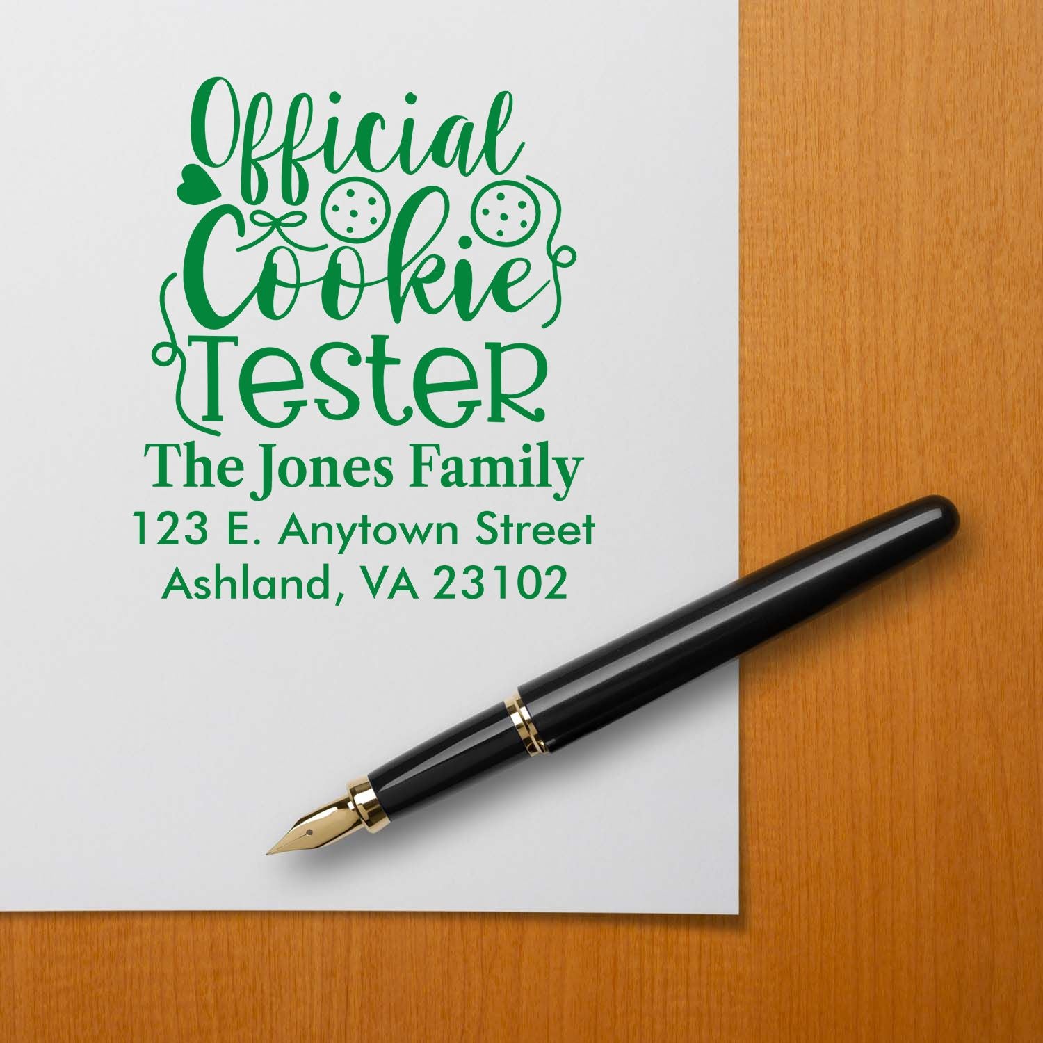 Personalized official cookie tester rubber stamp with family name and address, perfect for baker gifts and home baking.
