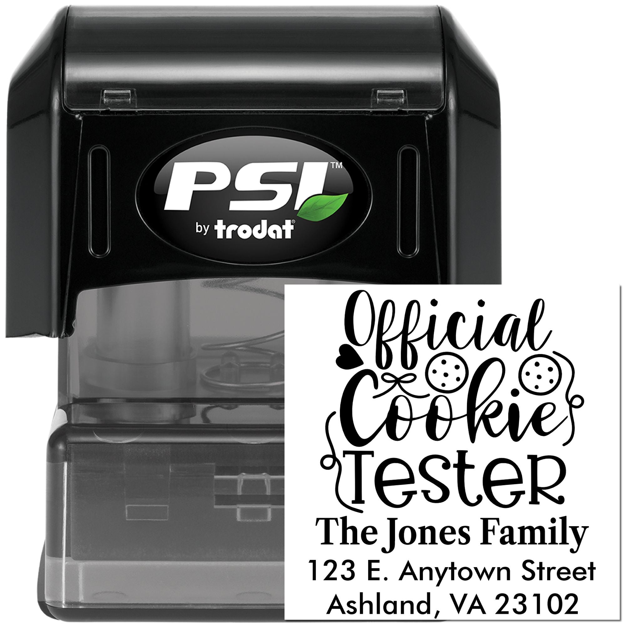 Custom self-inking rubber stamp by PSI Trodat with Official Cookie Tester personalized family address design.