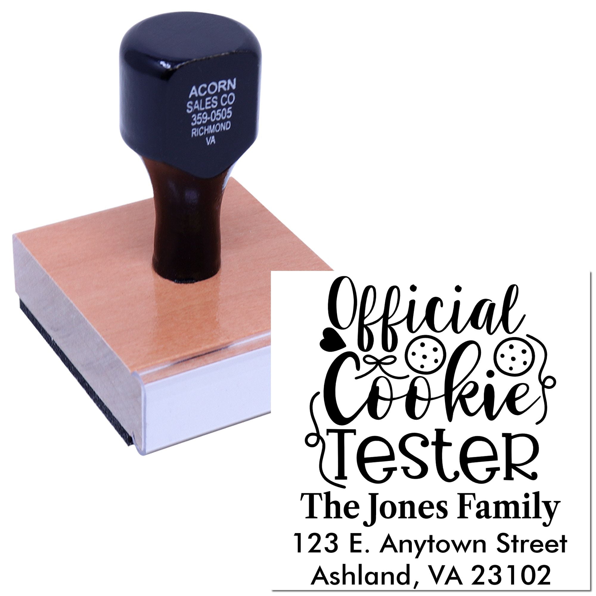 Custom rubber stamp for "Official Cookie Tester" featuring family name and address imprint for bakery gifts and home use.