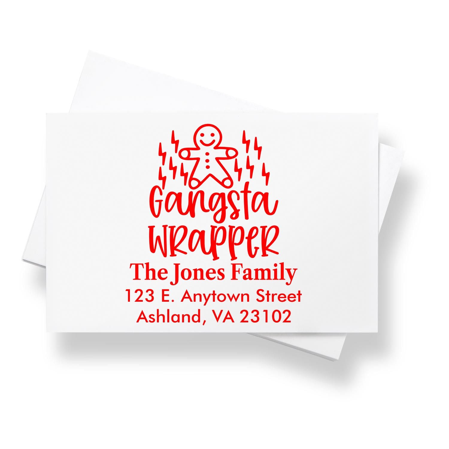 Custom rubber stamp design for Gangsta Wrapper holiday cards with family name and return address.