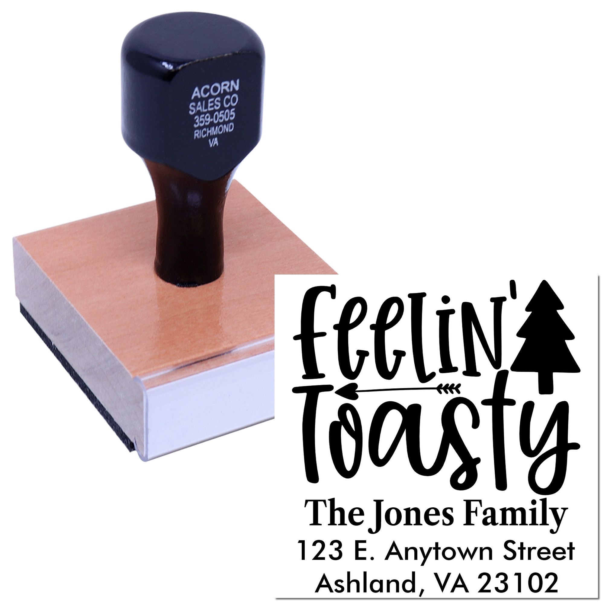 Custom rubber address stamp with Feelin Toasty family holiday design for The Jones Family, Ashland VA return address use.