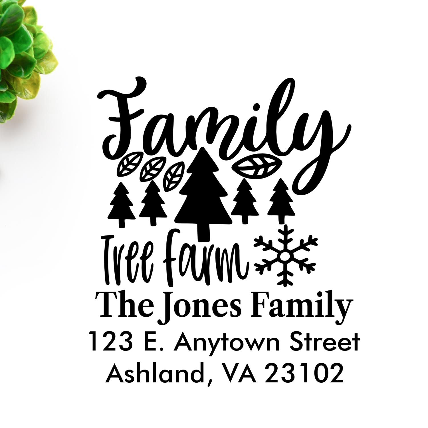 Custom family tree farm return address rubber stamp for The Jones Family, Ashland VA, with trees and snowflake design.