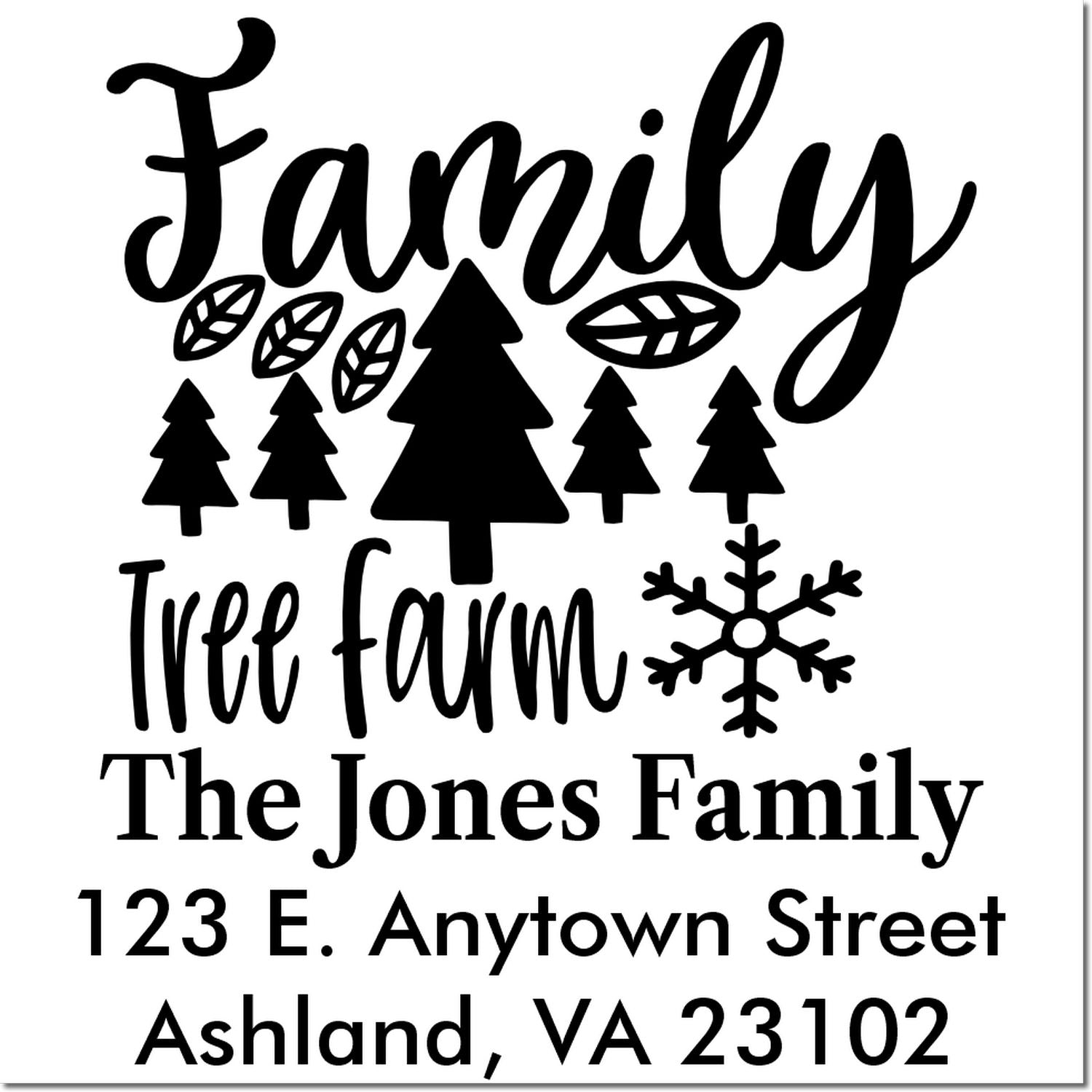 Custom family tree farm return address stamp for The Jones Family, with trees, leaves and snowflake design.