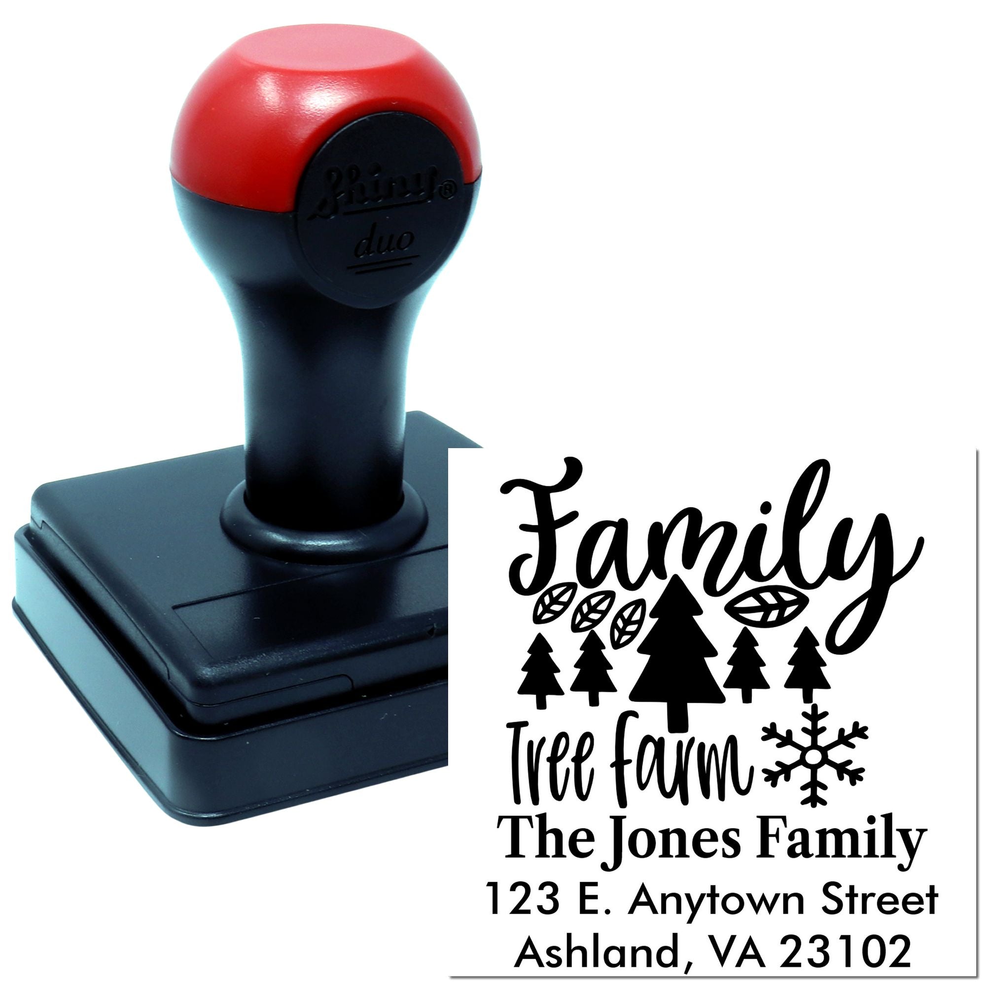 Custom self-inking rubber stamp with Family Tree Farm address design and logo for personalized mail and packaging.