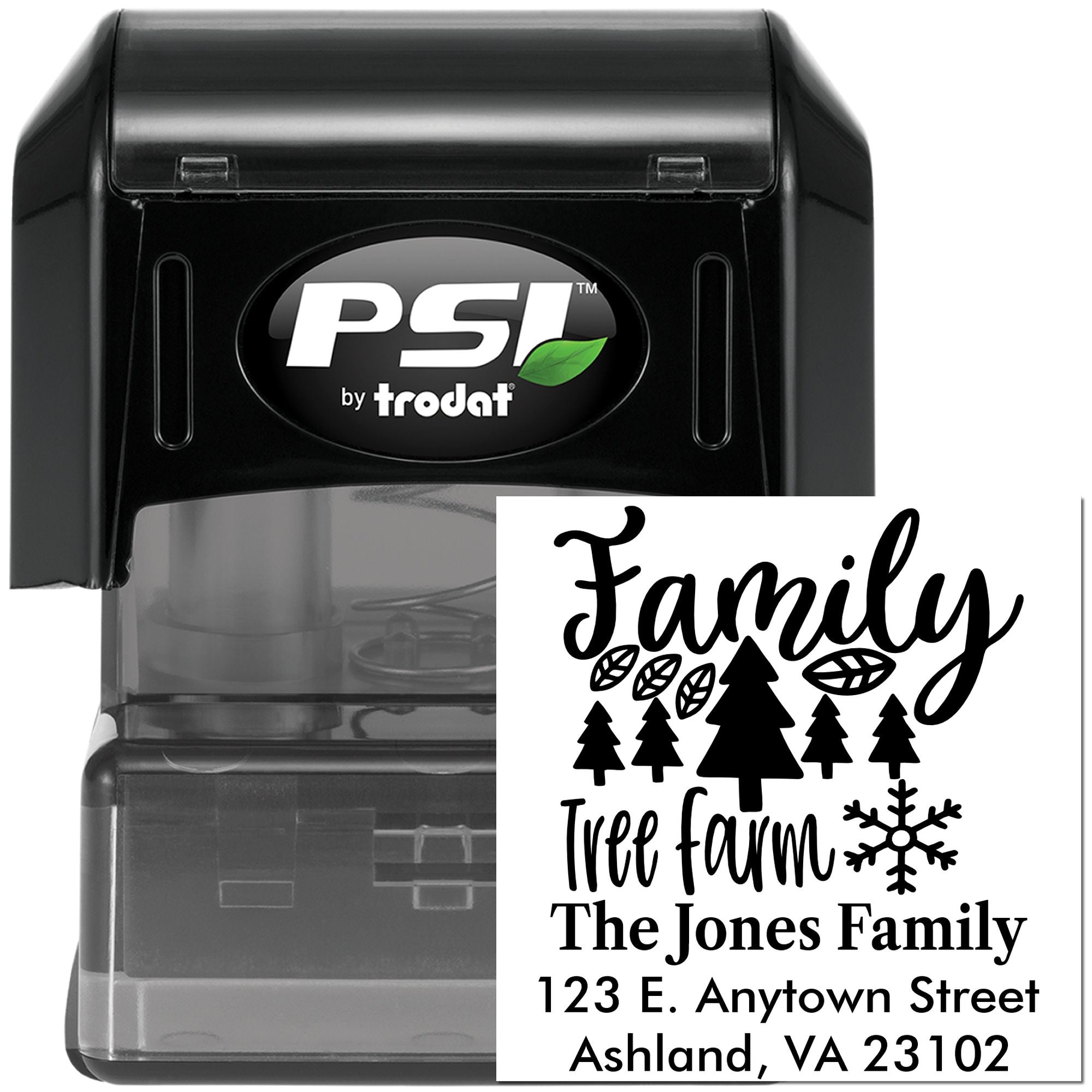 Custom PSI by Trodat self-inking rubber stamp with personalized family farm return address and holiday tree design