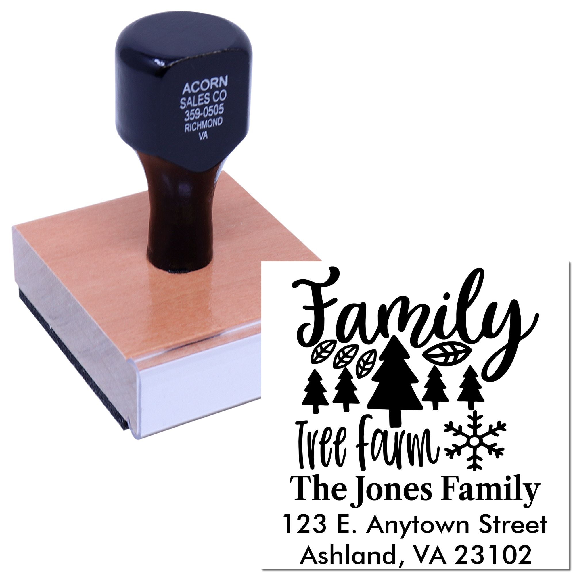 Wood-handled custom family address rubber stamp with tree farm design for personalized mail and holiday cards.