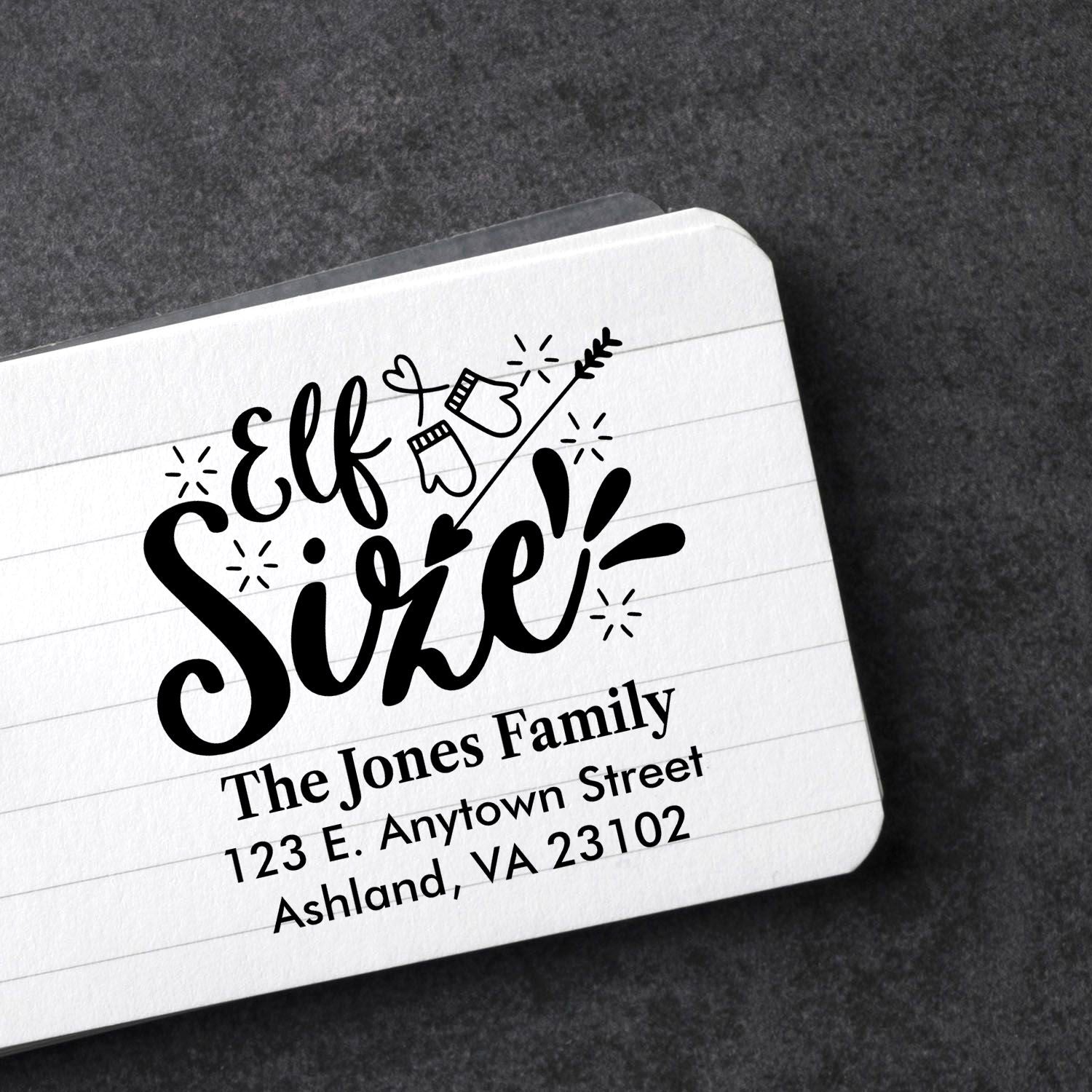 Custom Elf Sire holiday return address rubber stamp with festive lettering and personalized family address.