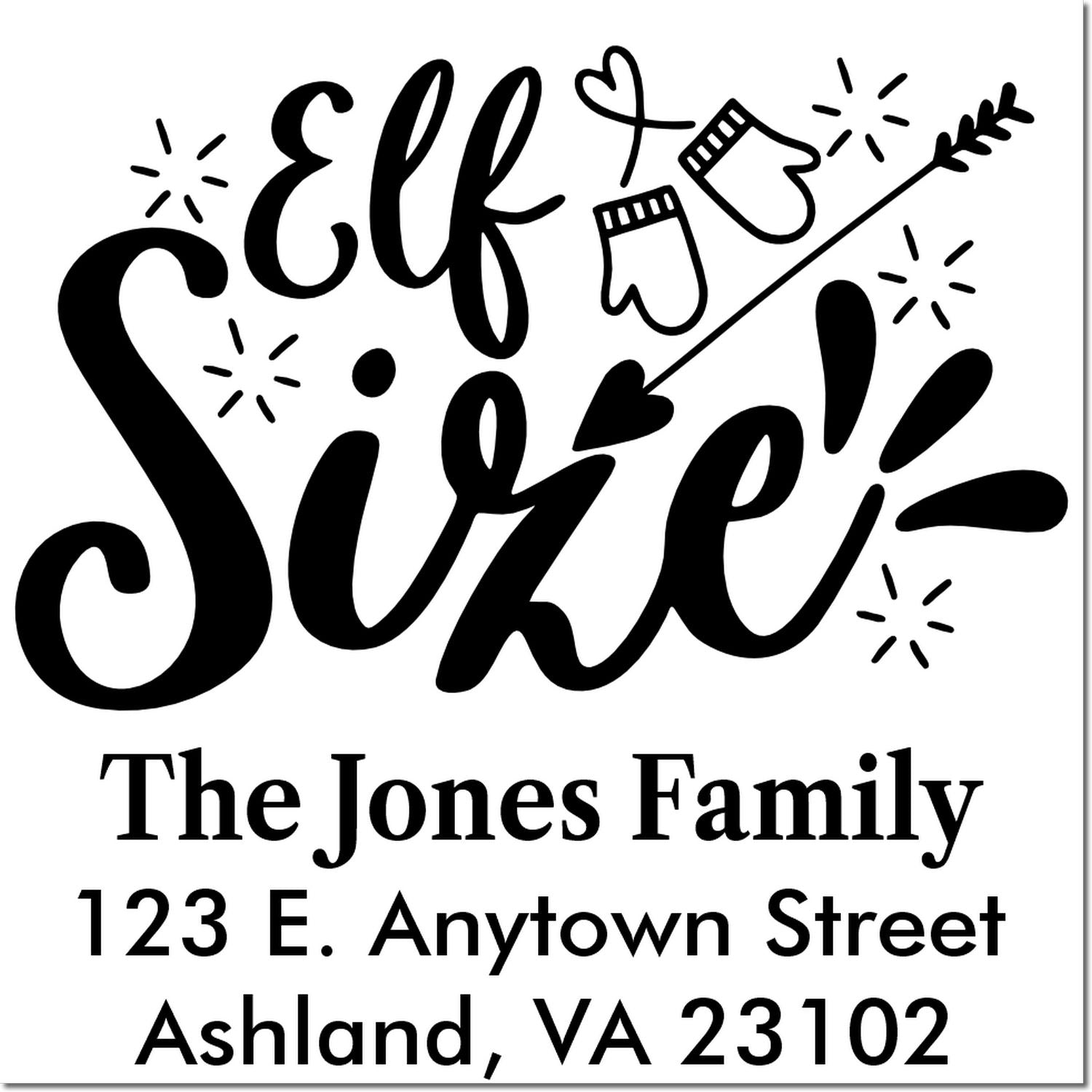 Custom Christmas Elf Size return address rubber stamp for The Jones Family with playful holiday design.