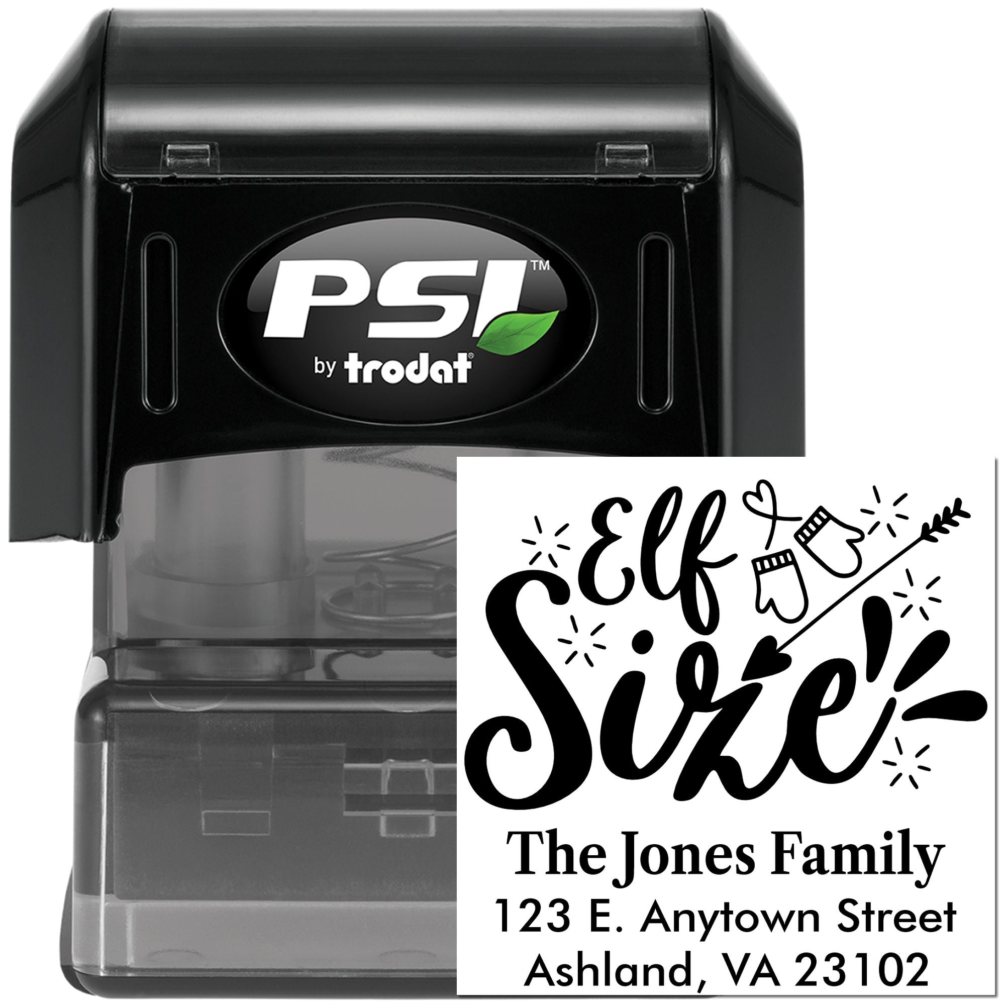 PSI by Trodat self-inking custom rubber address stamp with Elf Size! holiday design for family mailing labels.